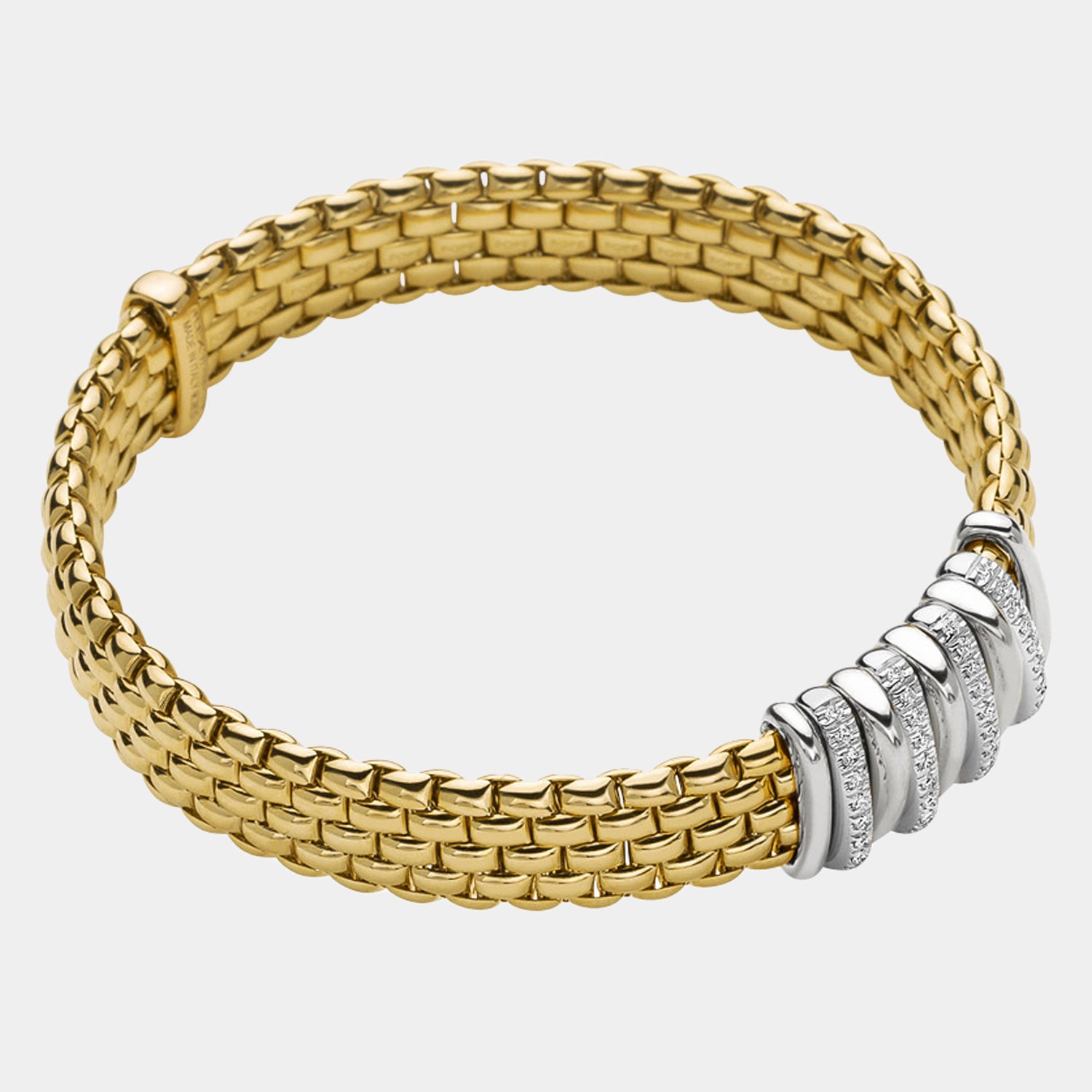 Yellow gold stretch bracelet with white gold diamond roundels
