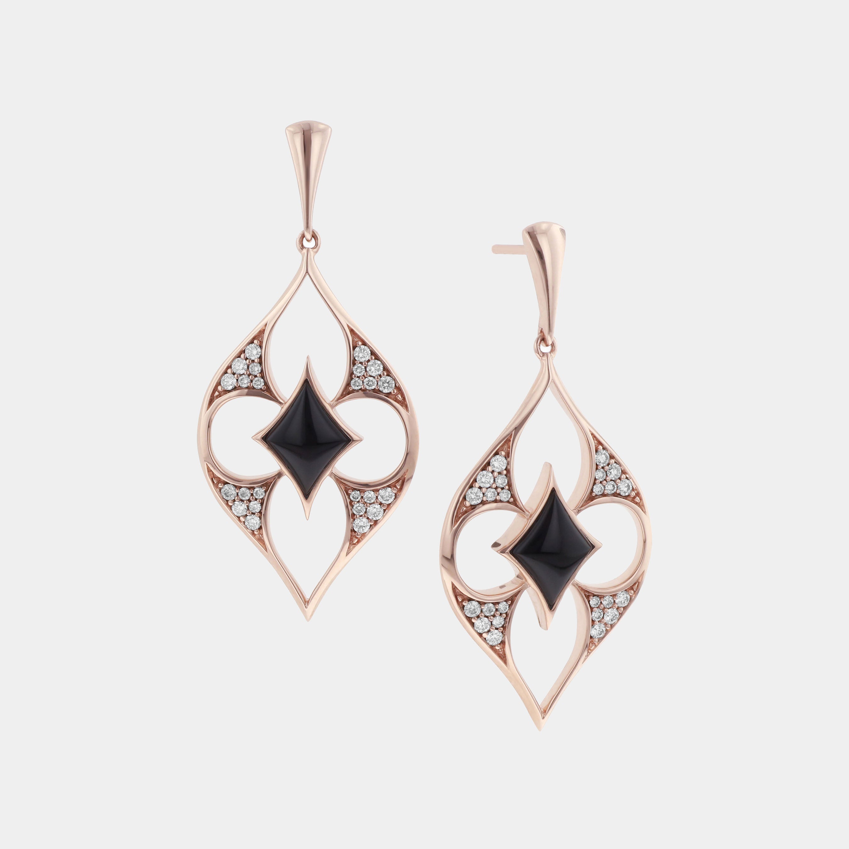 Back Onyx and mother of pearl diamond earrings on grey background