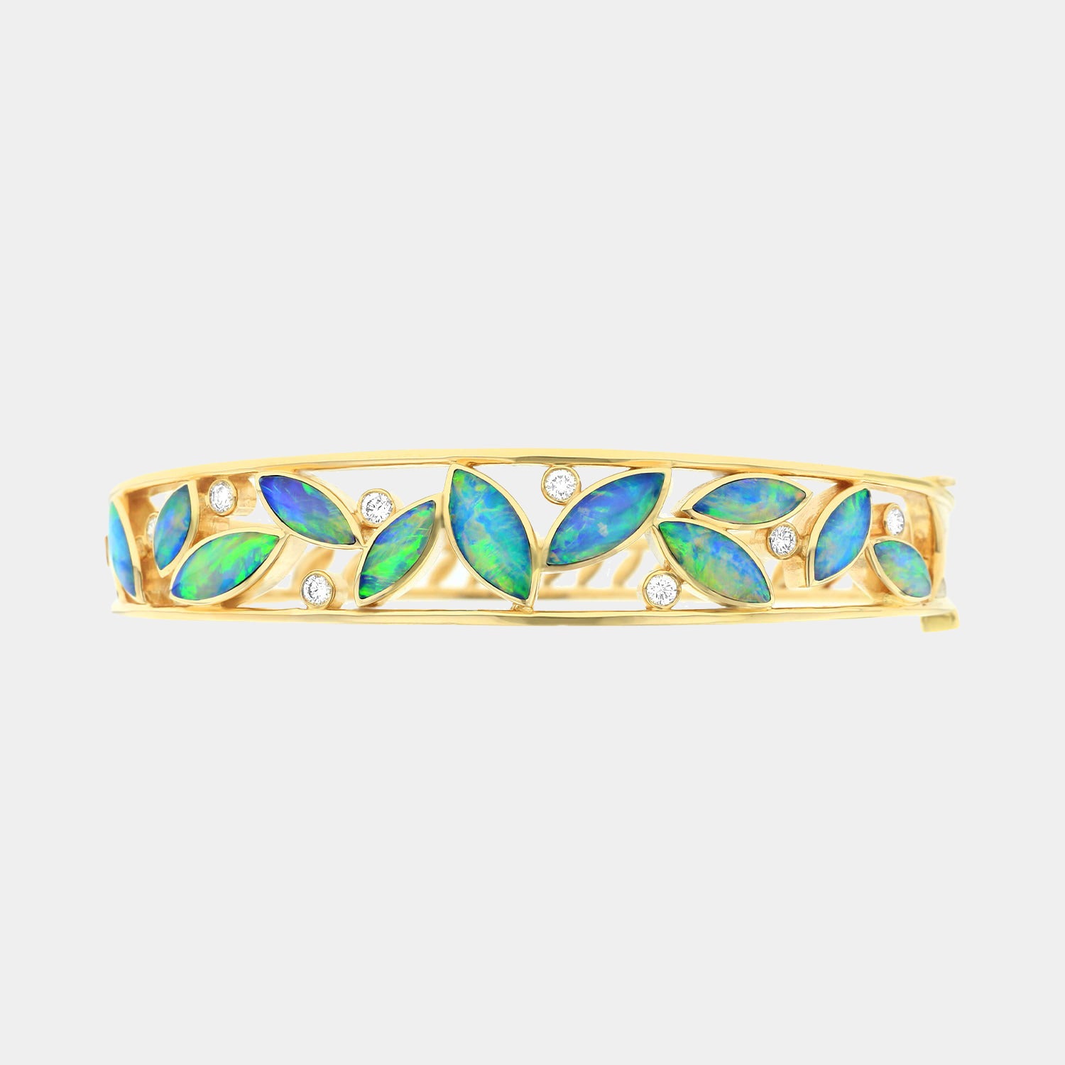 Opal and diamond yellow gold bangle bracelet on grey background, front view