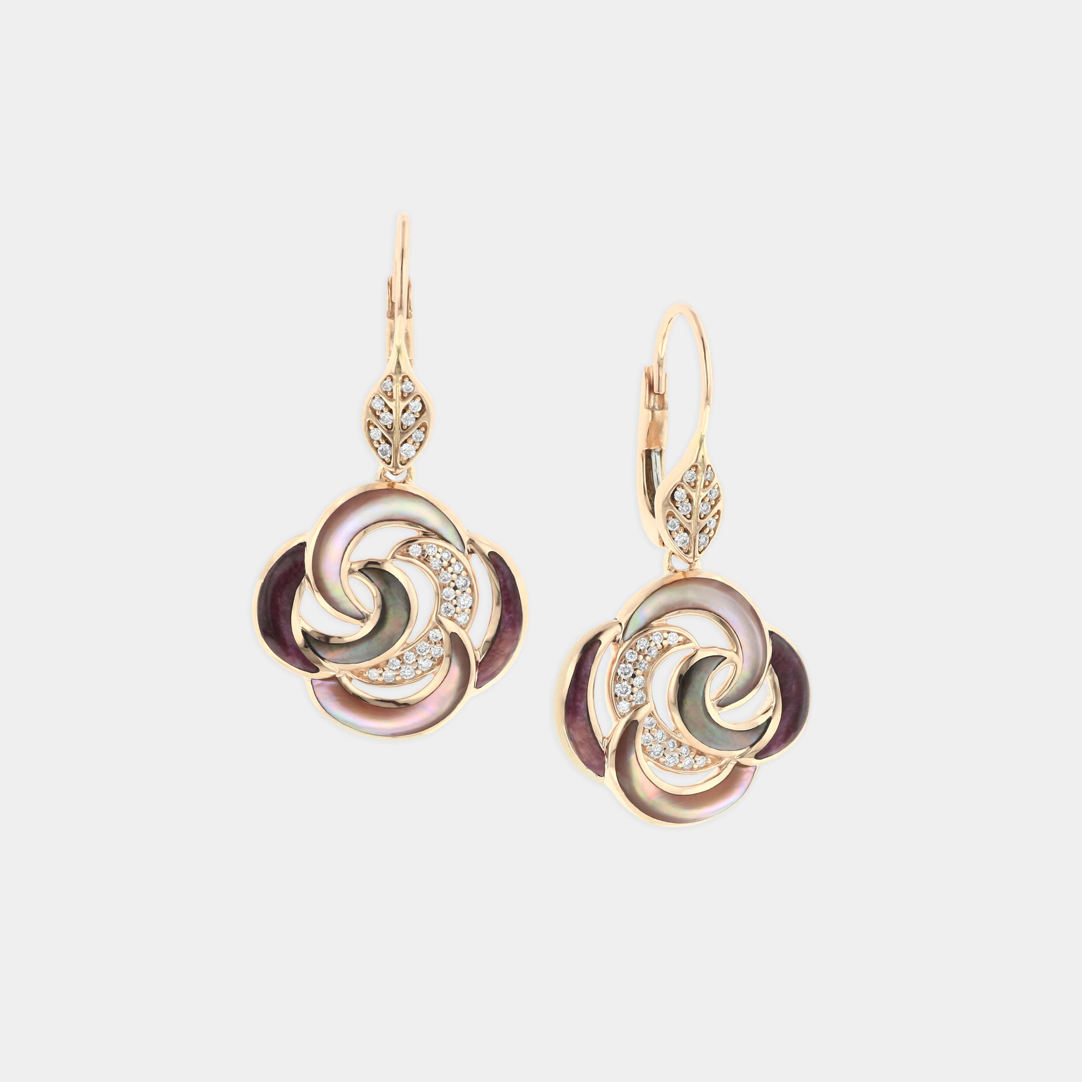 Spiny Oyster shell and mother of pearl diamond earrings on grey background
