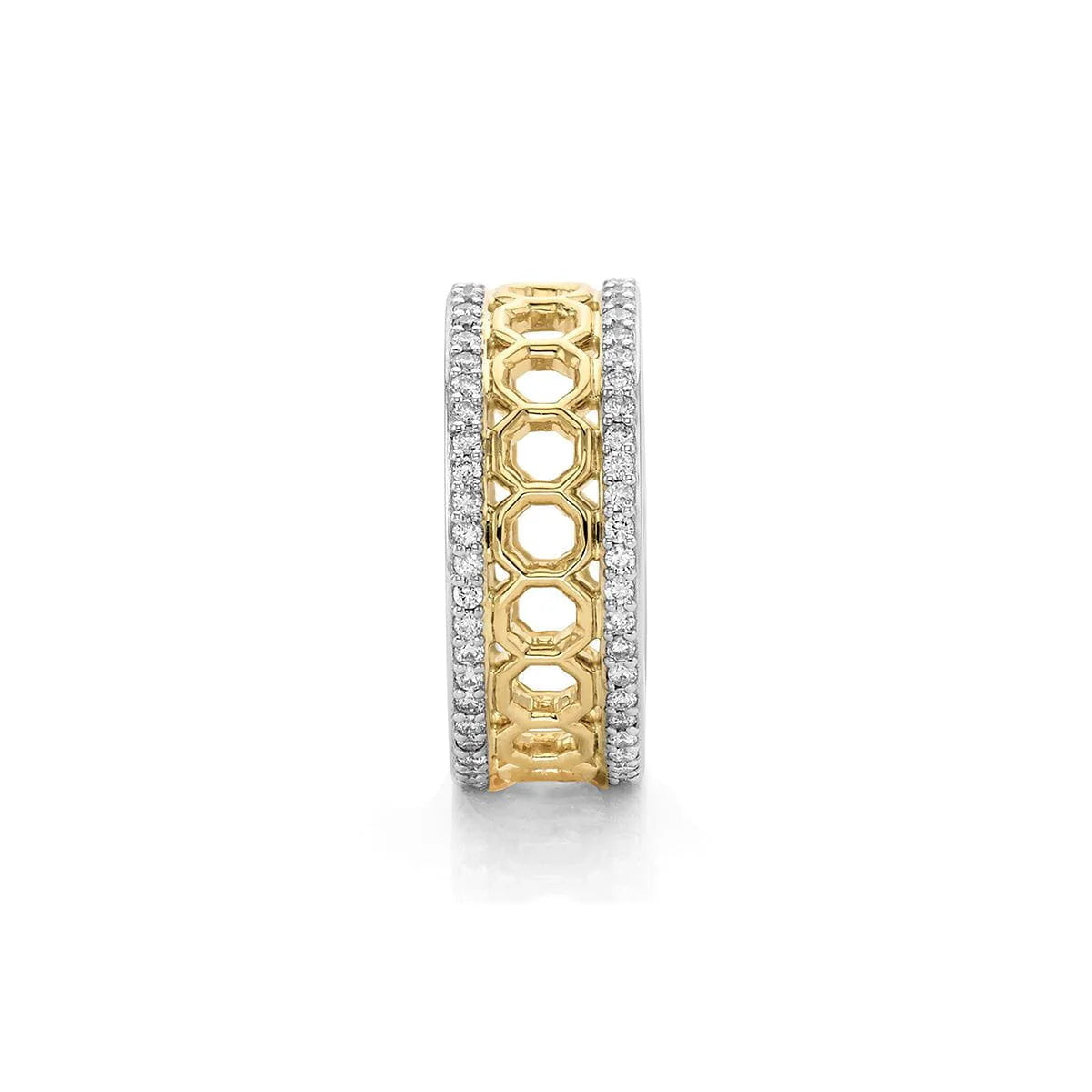 White and yellow gold octagon pattern diamond fashion ring on grey background, side  view