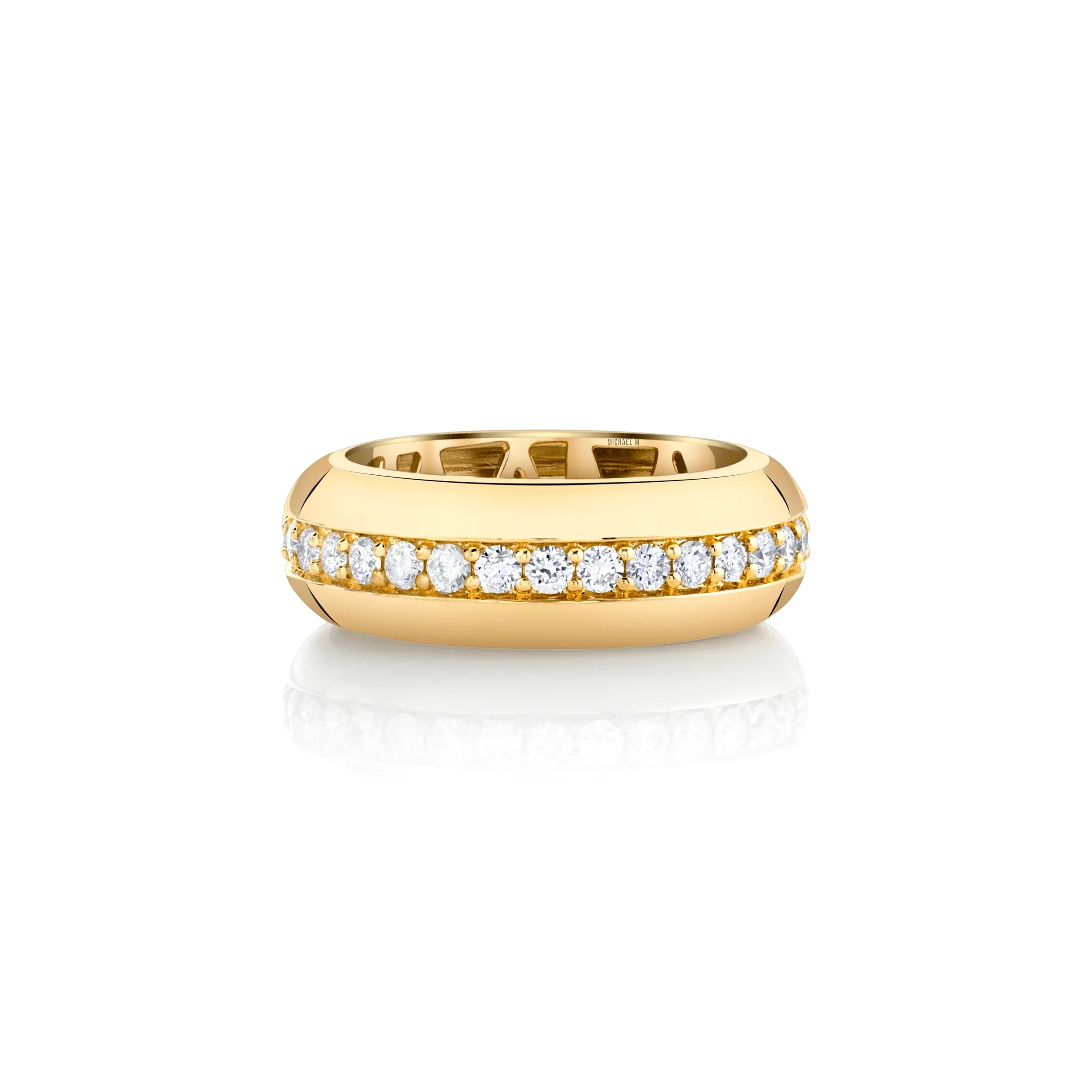 Yellow gold fashion ring with diamond center row on grey background, front  view