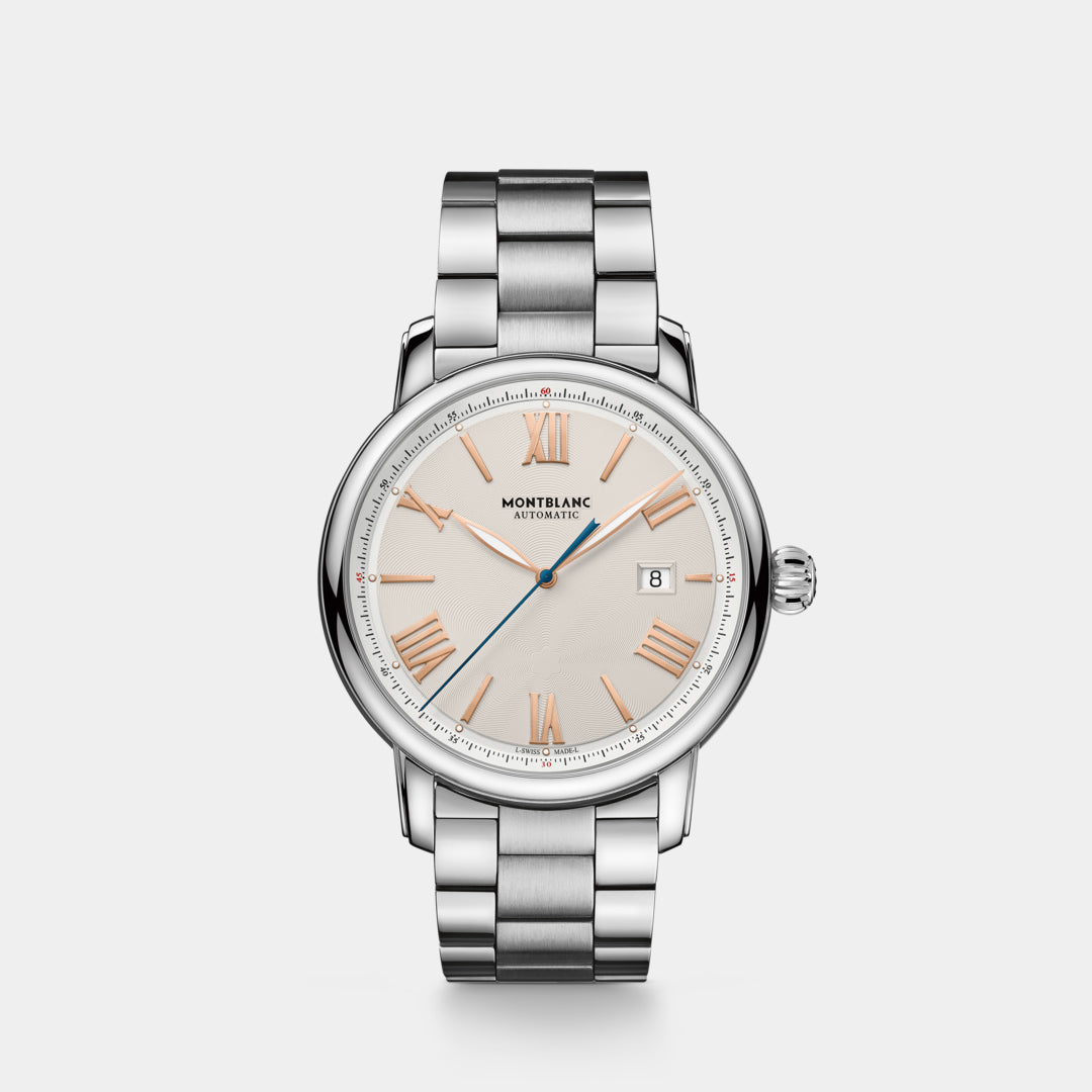 Silver watch with a white face on a light gray background