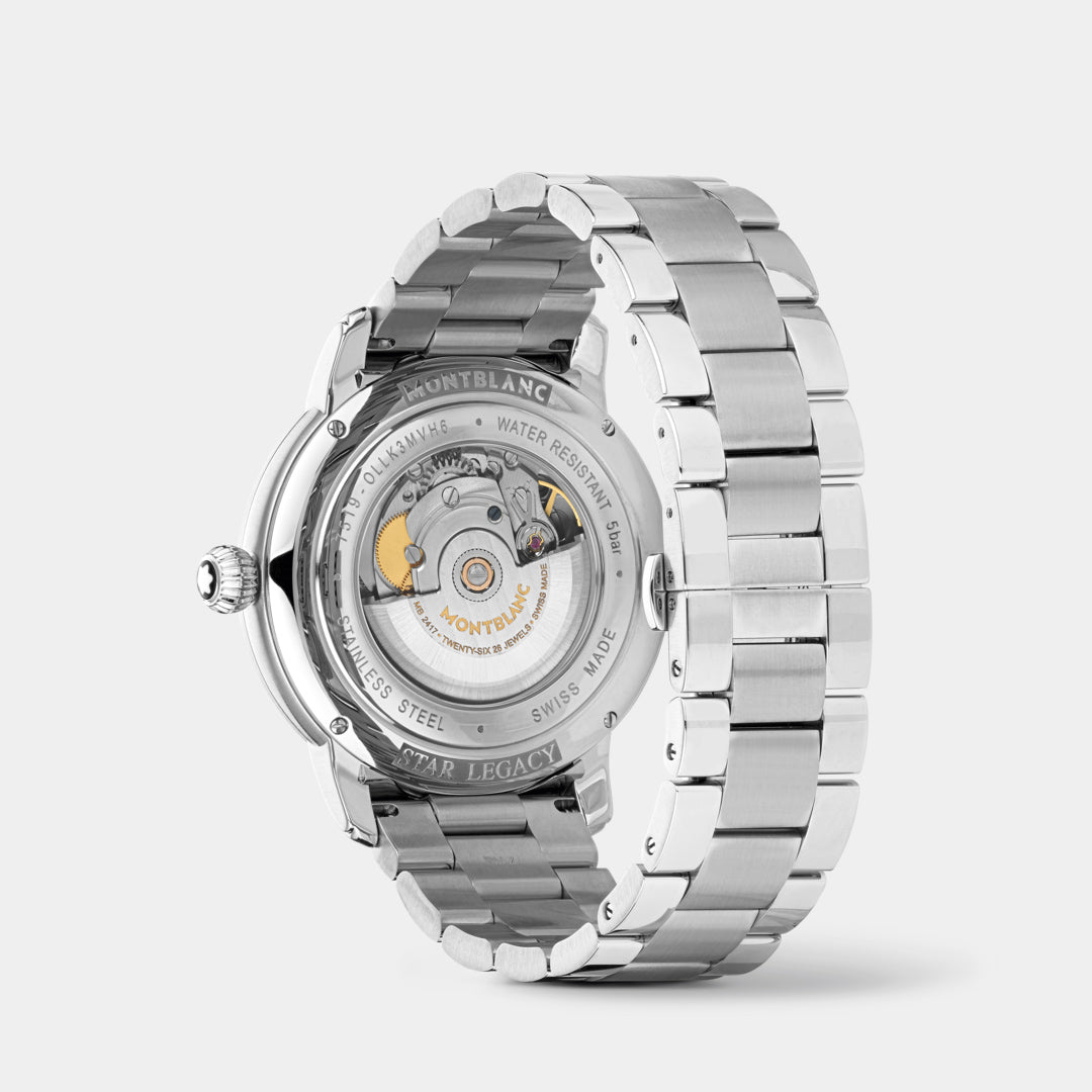 Silver watch with visible brand name on a white background