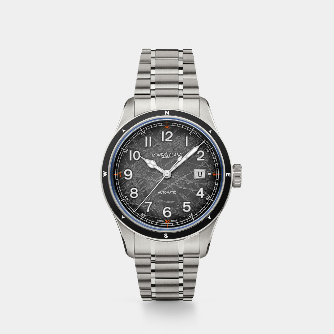 Silver watch with a dark face on a light gray background