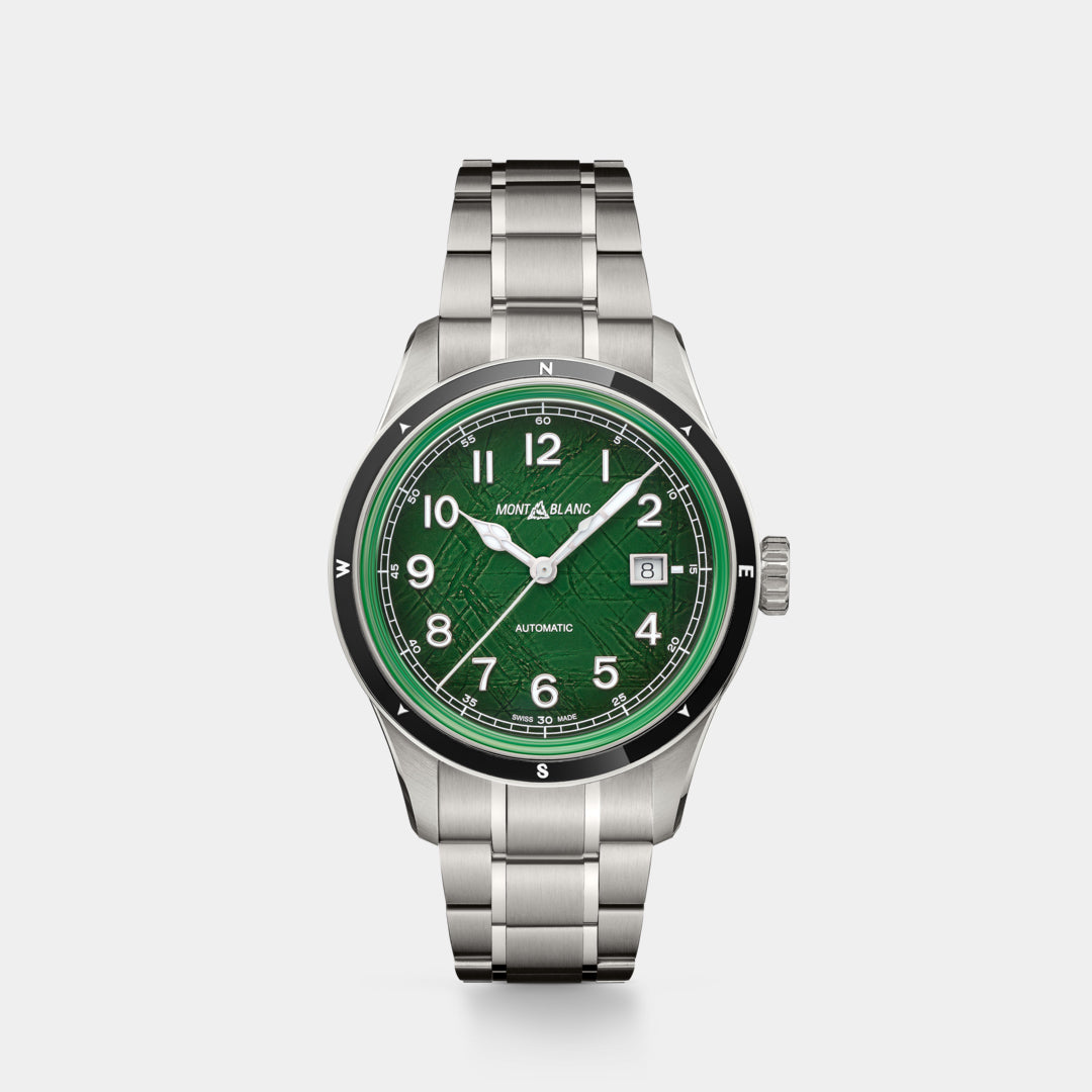 Silver watch with a green dial on a white background