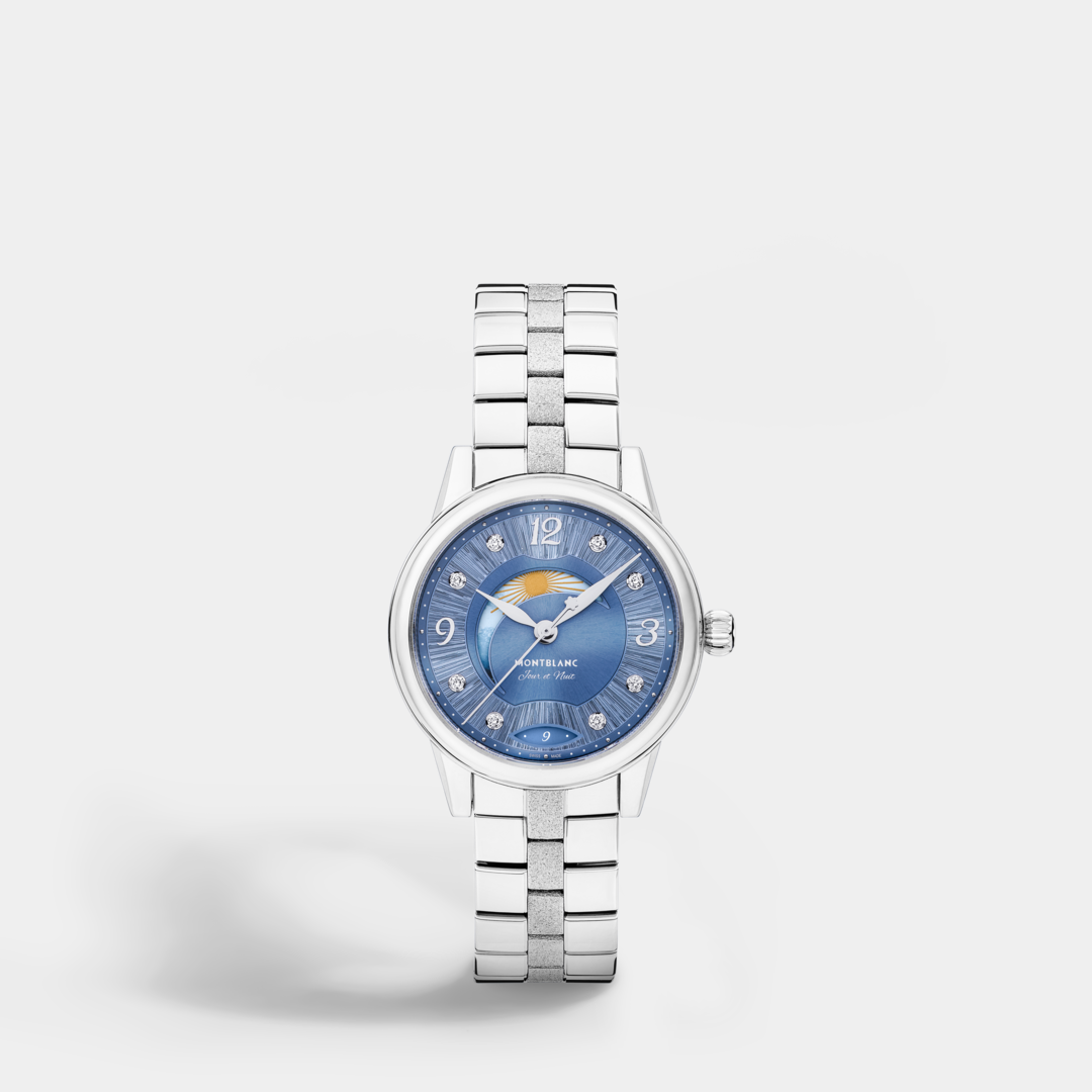 Silver watch with a blue face on a white background