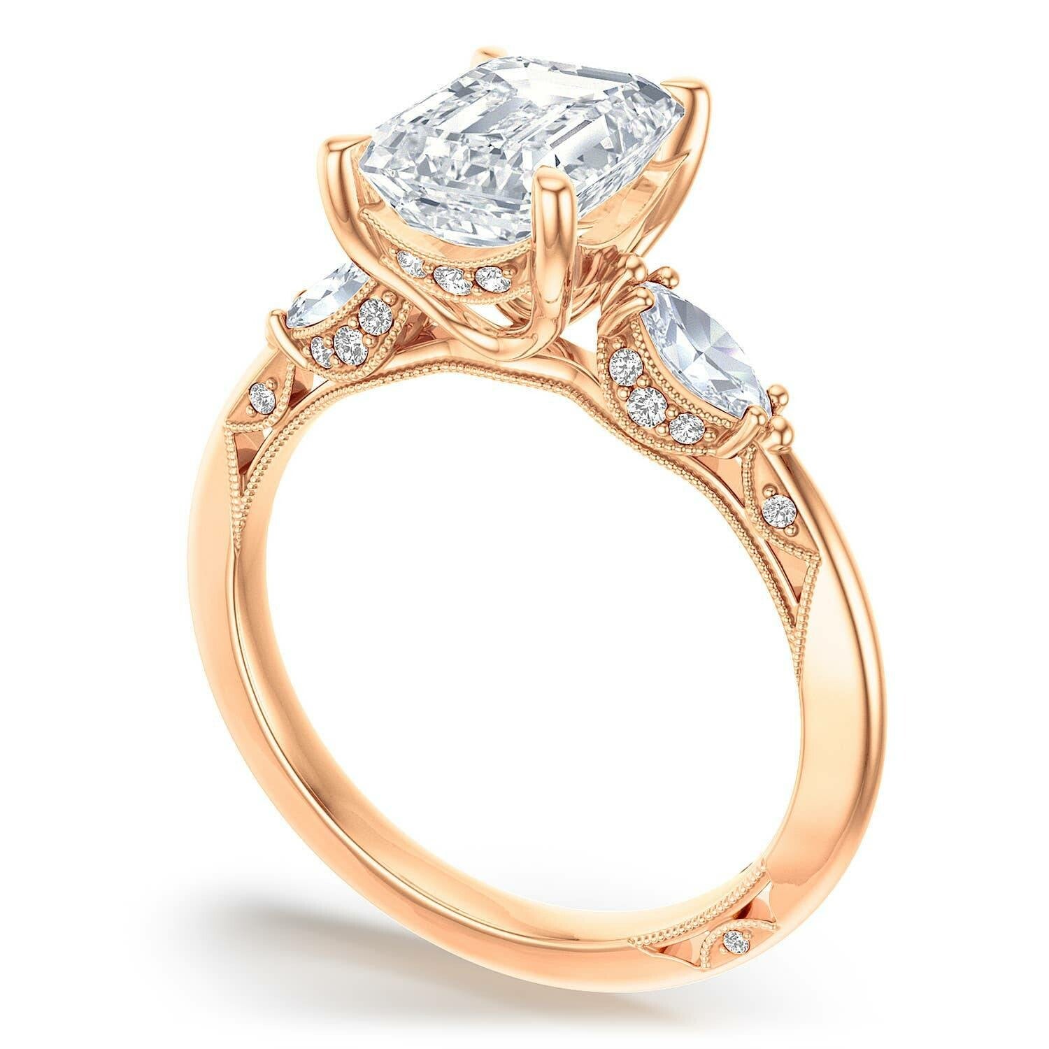 Emerald 3-Stone 18k Rose Gold Engagement Ring - 2685