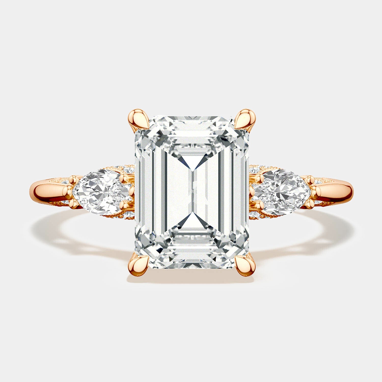 Emerald 3-Stone 18k Rose Gold Engagement Ring - 2685