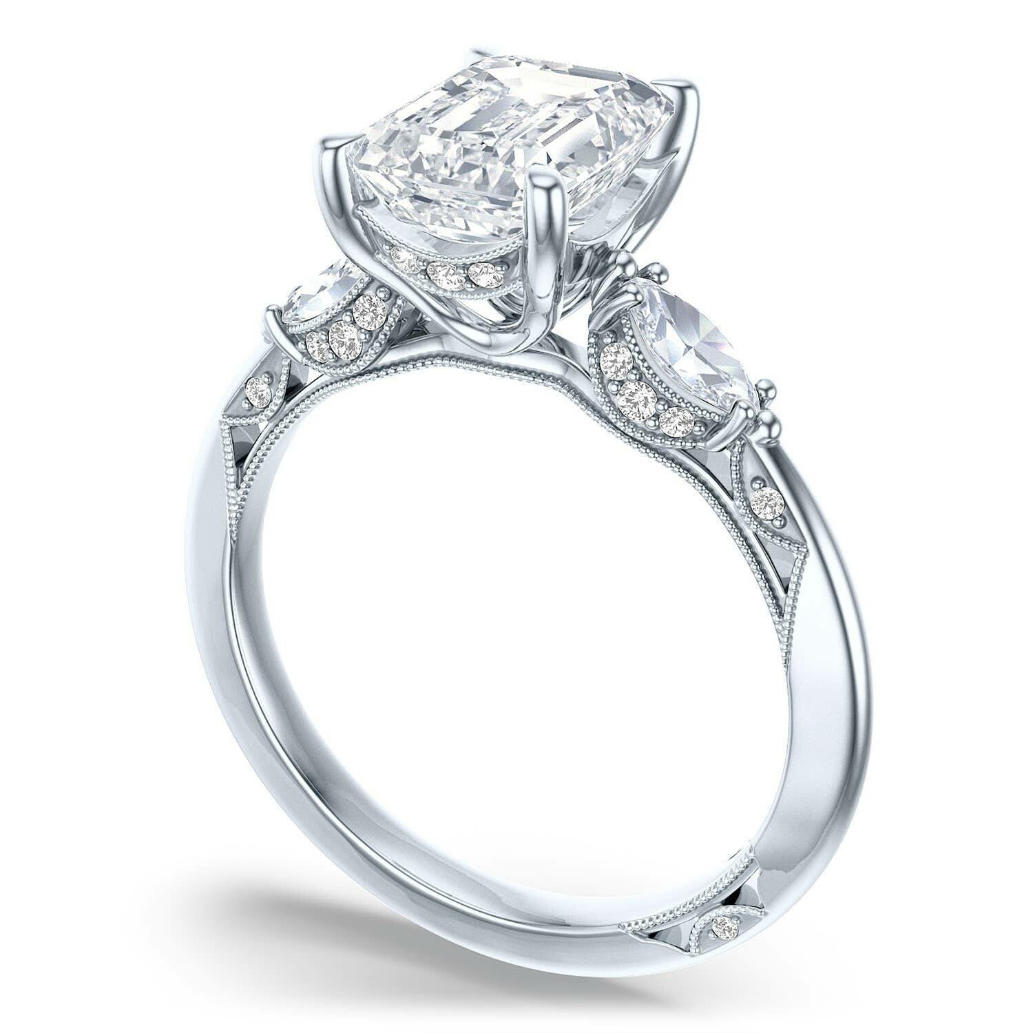 Emerald 3-Stone 18k White Gold Engagement Ring - 2685