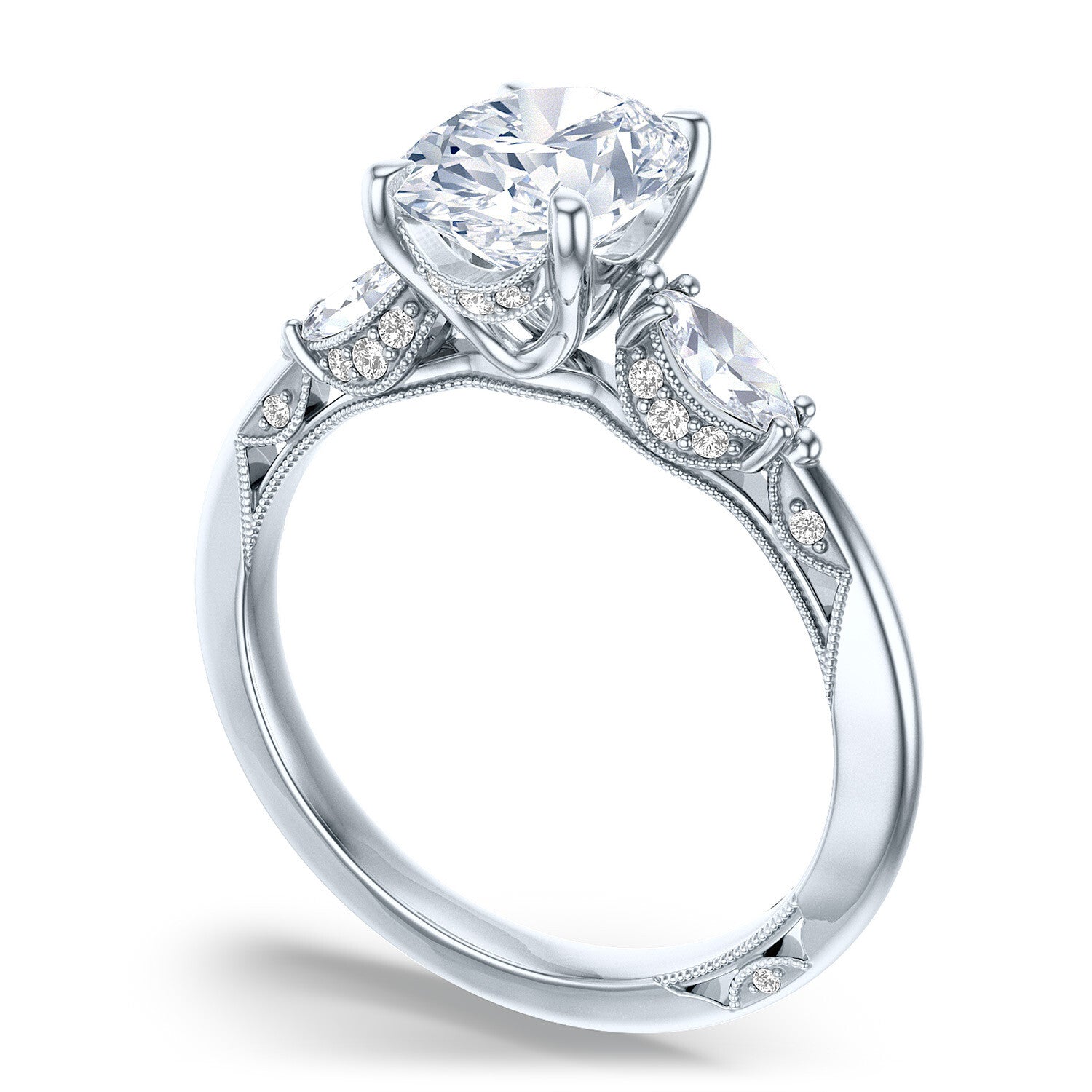 Oval 3-Stone 18k White Gold Engagement Ring - 2685