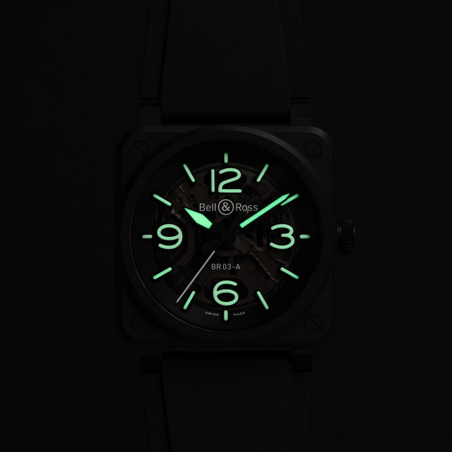 BR-03 Skeleton Black Ceramic 41mm - Black Dial on Strap