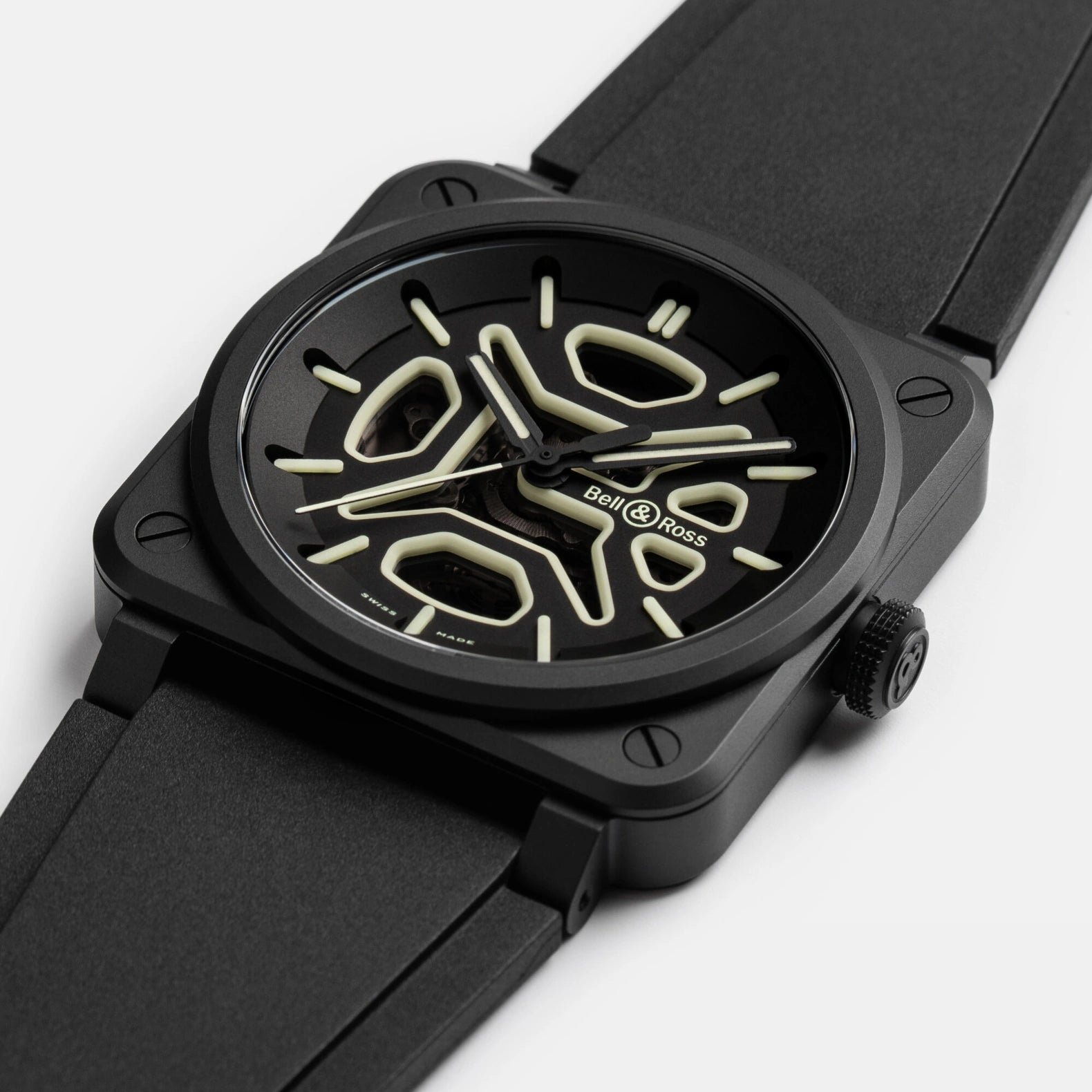 BR-03 Skeleton Lum Ceramic 41mm - Black Dial on Strap