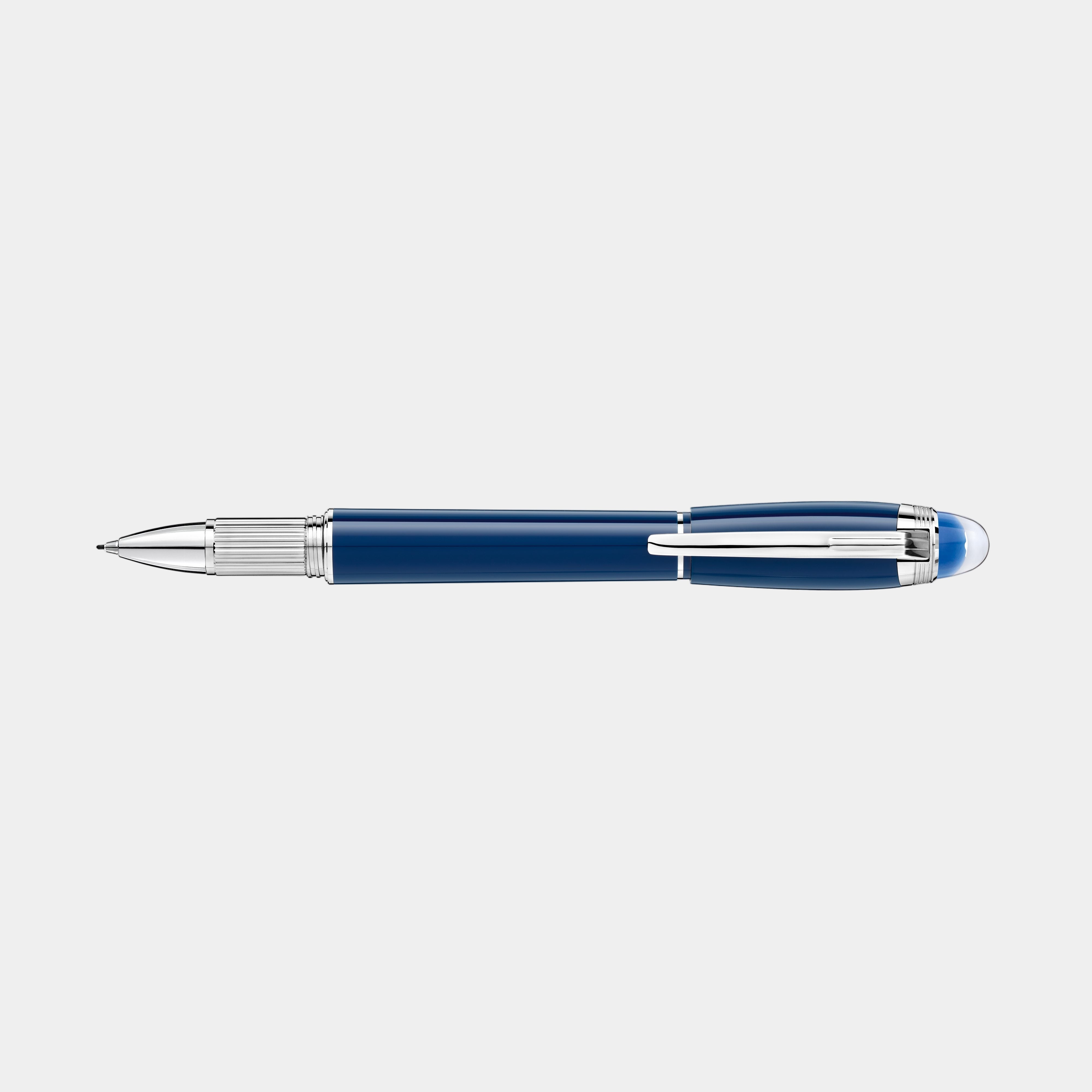 Blue pen with silver accents on a white background