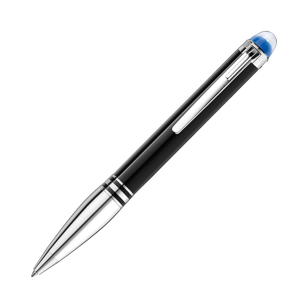 Montblanc Pen with a black body and silver accents on a white background