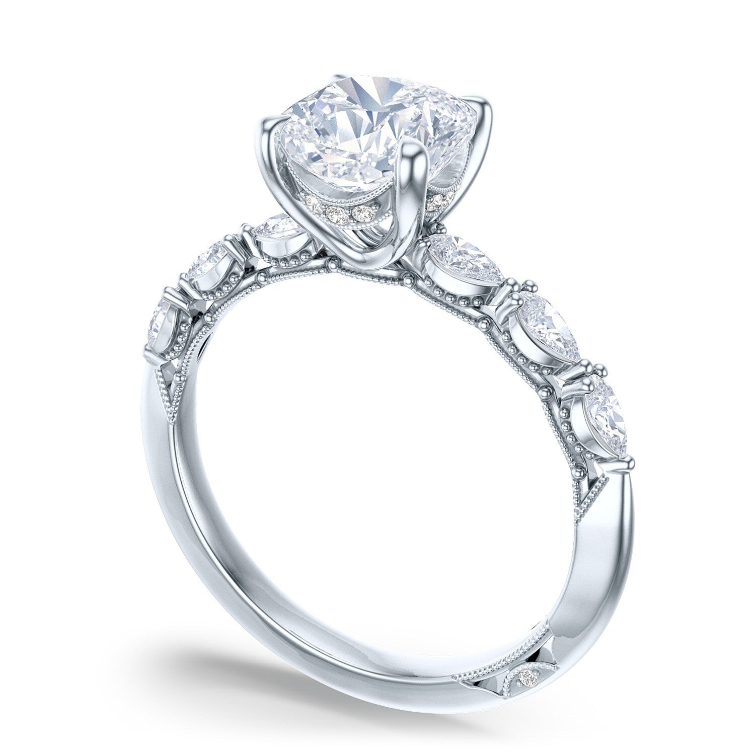 Cushion Side Stone 18K White Gold Engagement Ring - 2687