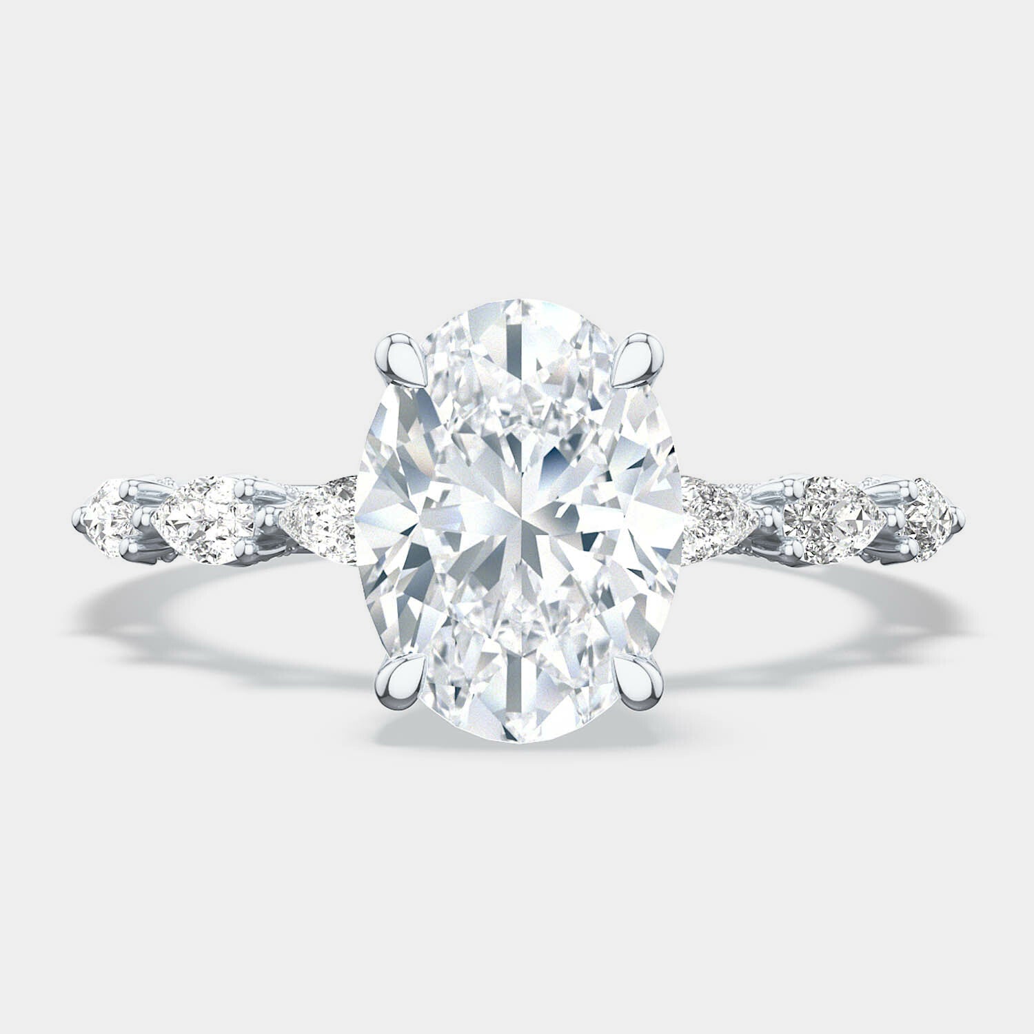 Oval Side Stone 18K White Gold Engagement Ring - 2687