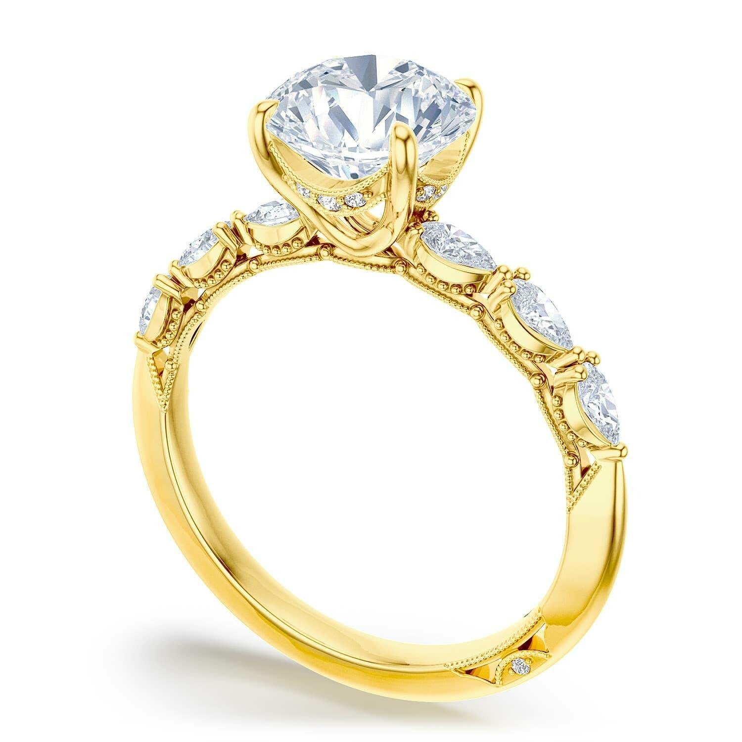 Round Side Stone 18K Yellow Gold Engagement Ring - 2687