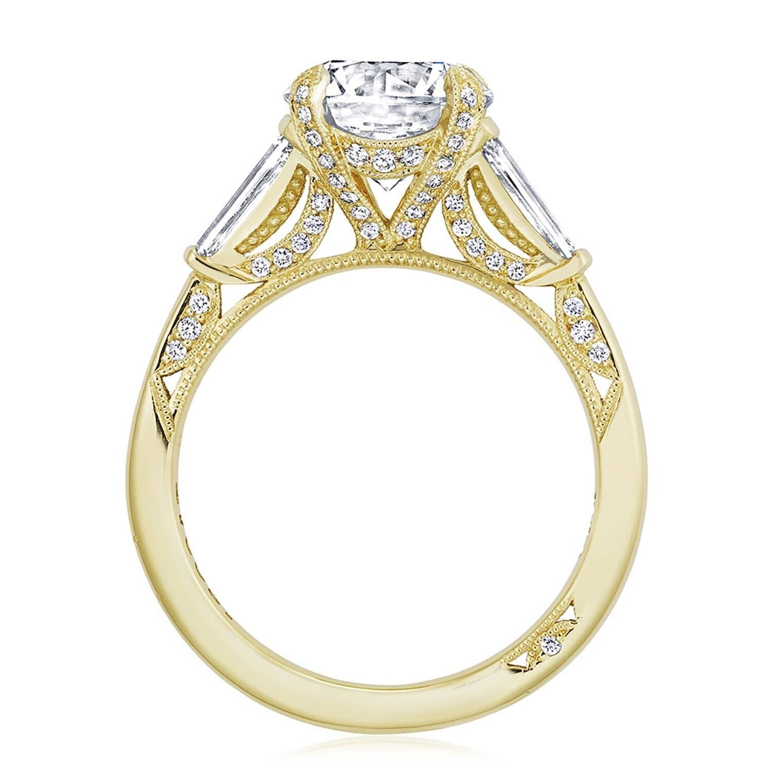 Round 3-Stone 18K Yellow Gold Engagement Ring - HT2657