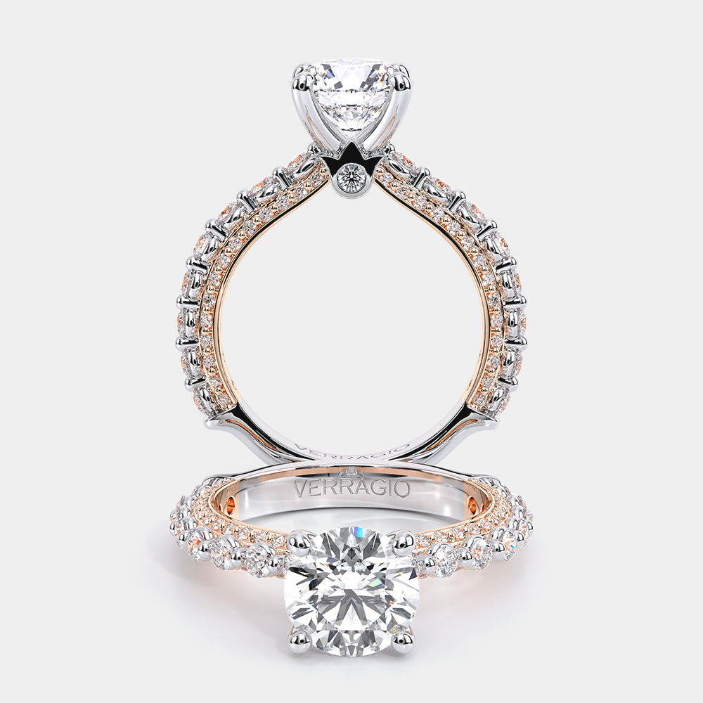 Round Pavé 18k Rose and White Gold Engagement Ring - CTR-0488