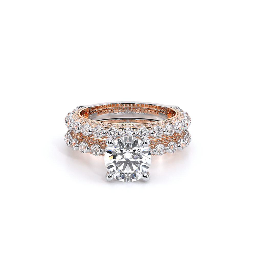 Round Pavé 18k Rose and White Gold Engagement Ring - CTR-0488