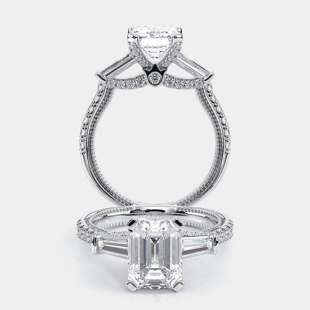 Emerald Three-Stone Platinum Engagement Ring - REN-991