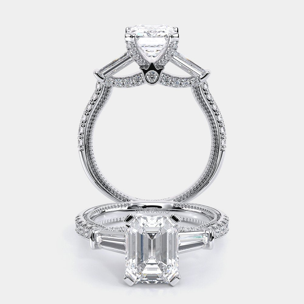 Emerald Three-Stone 18k White Gold Engagement Ring - REN-991