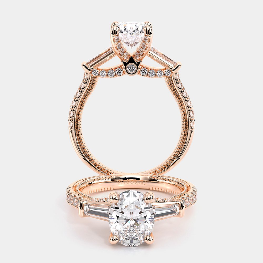 Oval Three-Stone 18k Rose Gold Engagement Ring - REN-991