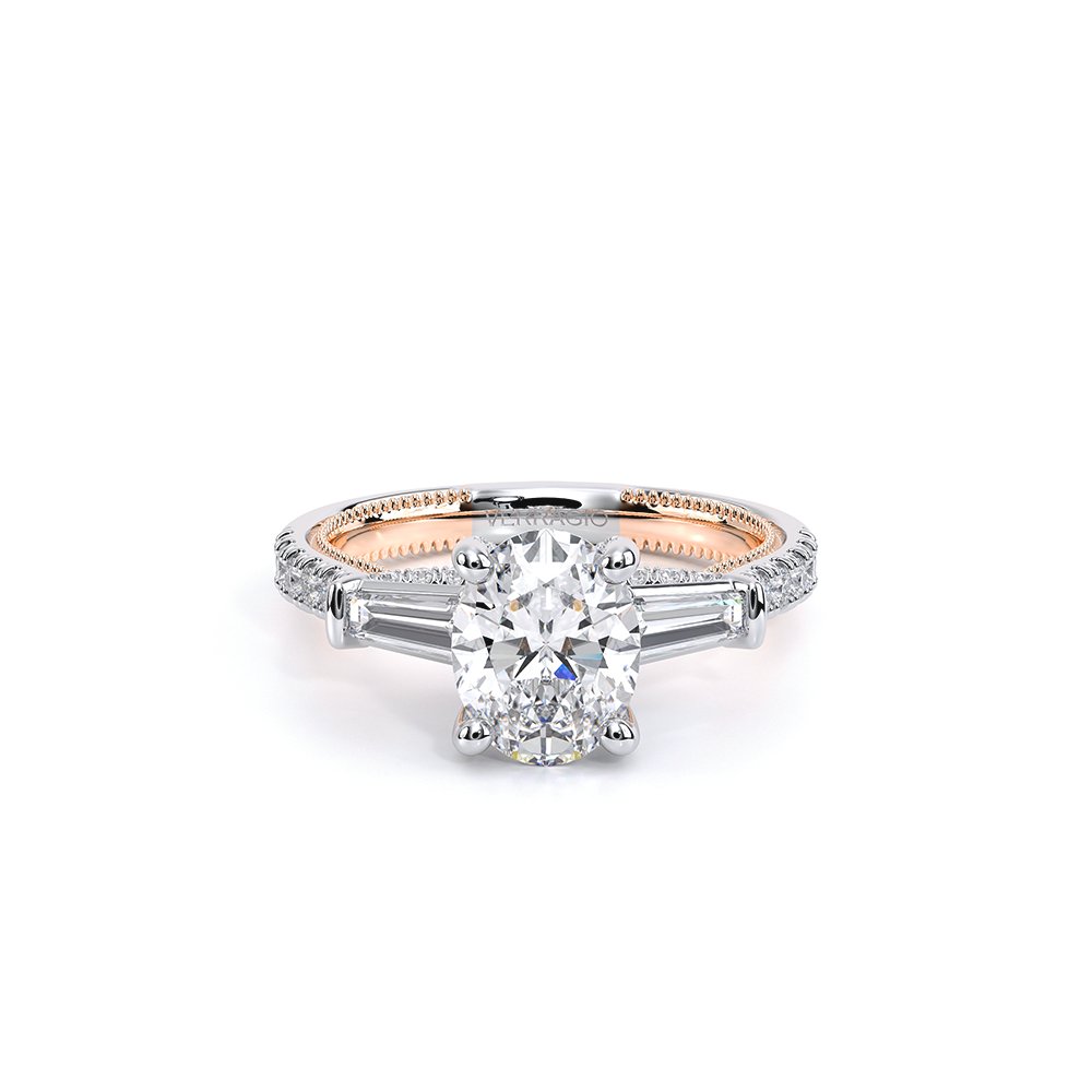 Oval Three-Stone 14k Rose and White Gold Engagement Ring - REN-991