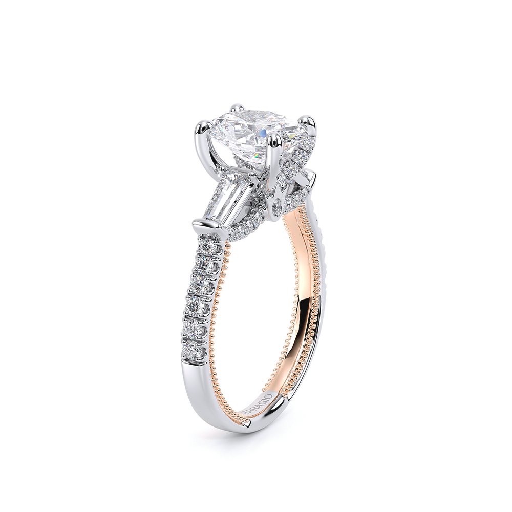 Oval Three-Stone 14k Rose and White Gold Engagement Ring - REN-991