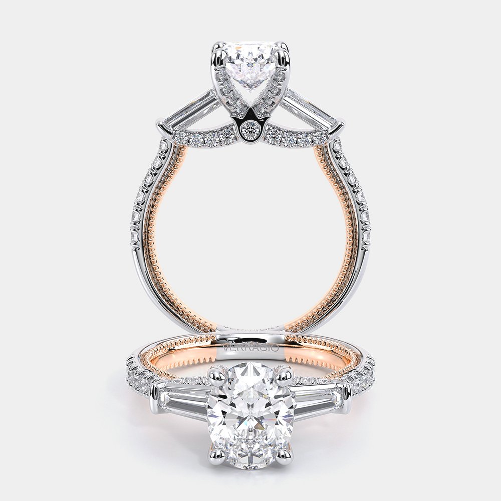 Oval Three-Stone 14k Rose and White Gold Engagement Ring - REN-991