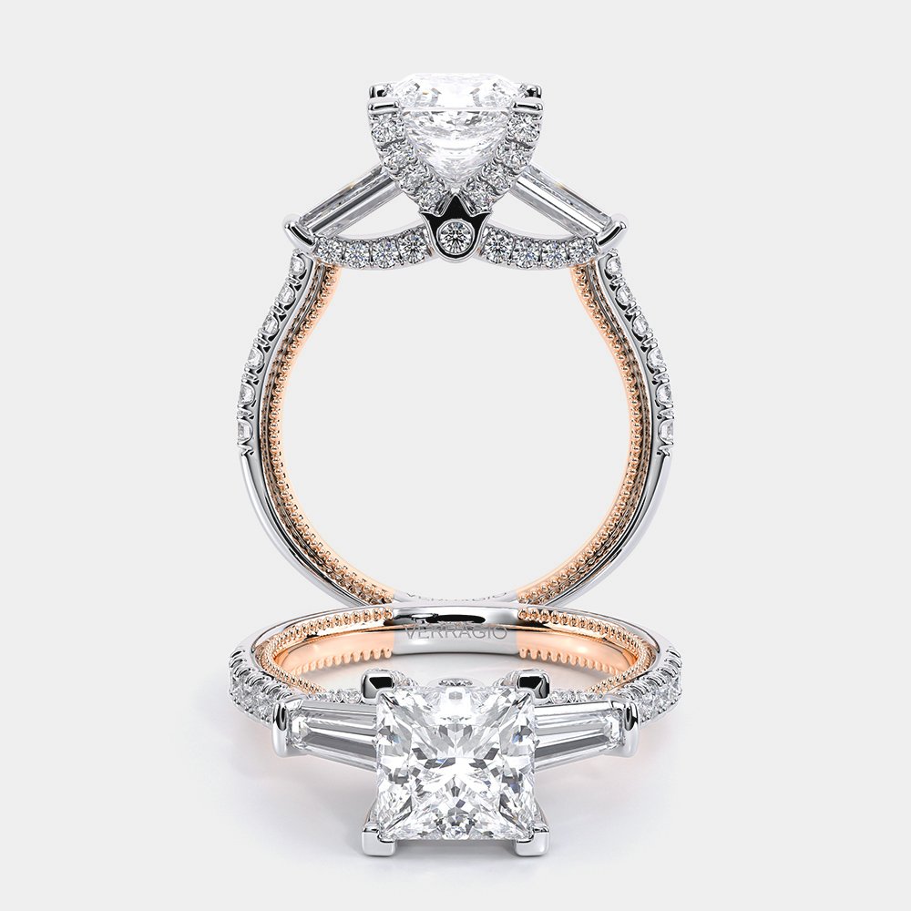 Princess Three-Stone 14k Rose and White Gold Engagement Ring - REN-991