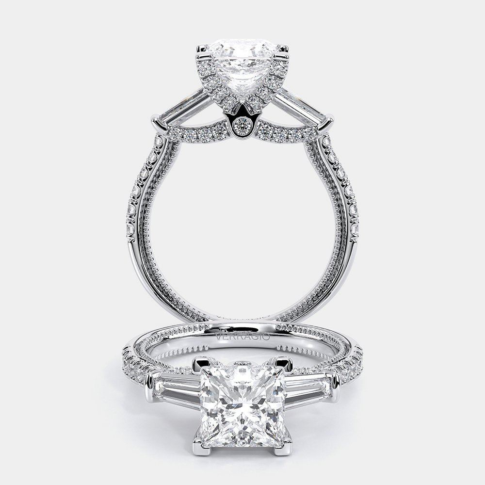 Princess Three-Stone 18k White Gold Engagement Ring - REN-991