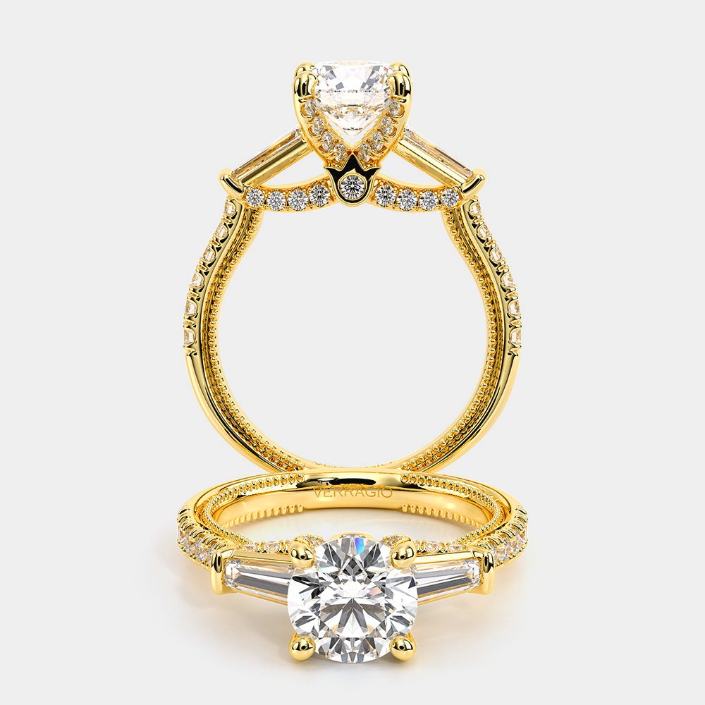 Round Three-Stone 18k Yellow Gold Engagement Ring - REN-991