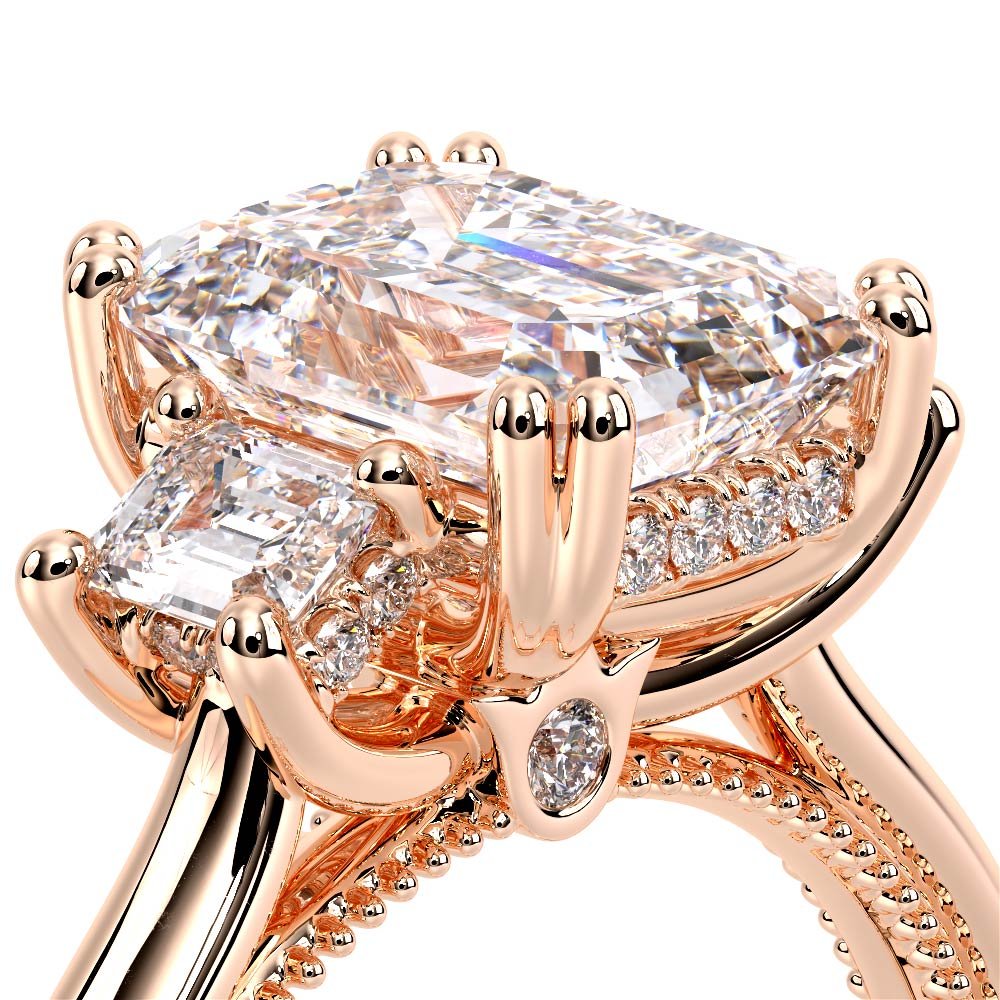 Emerald Three-Stone 18k Rose Gold Engagement Ring - REN-993