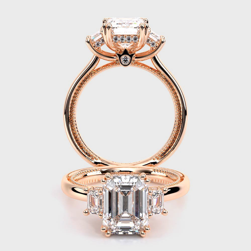 Emerald Three-Stone 14K Rose Gold Engagement Ring - REN-993