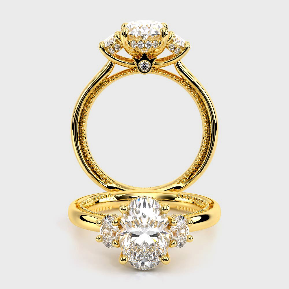 Oval Three-Stone 18k Yellow Gold Engagement Ring - REN-993