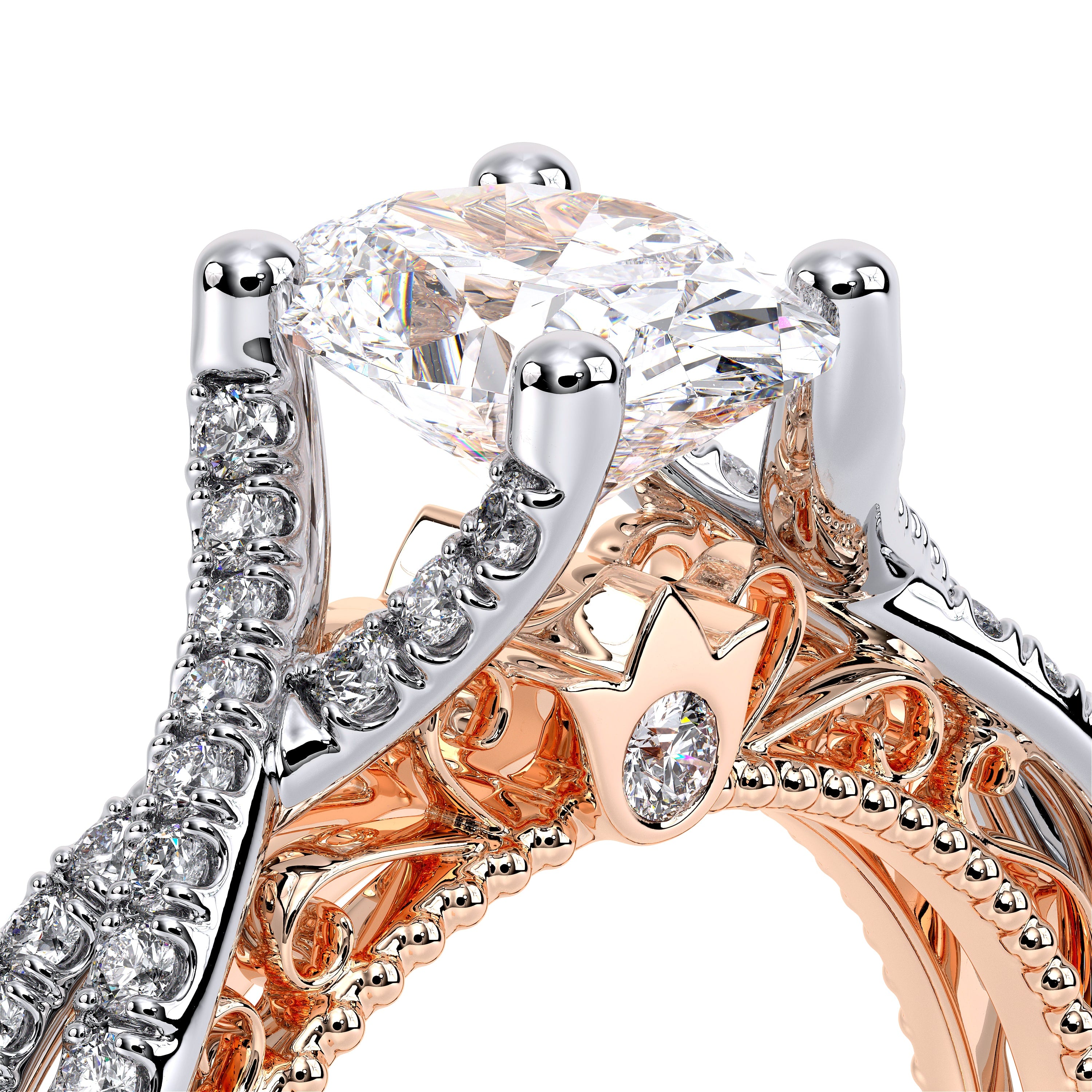 Oval Pavé 18k Rose and White Gold Engagement Ring - VEN-5003