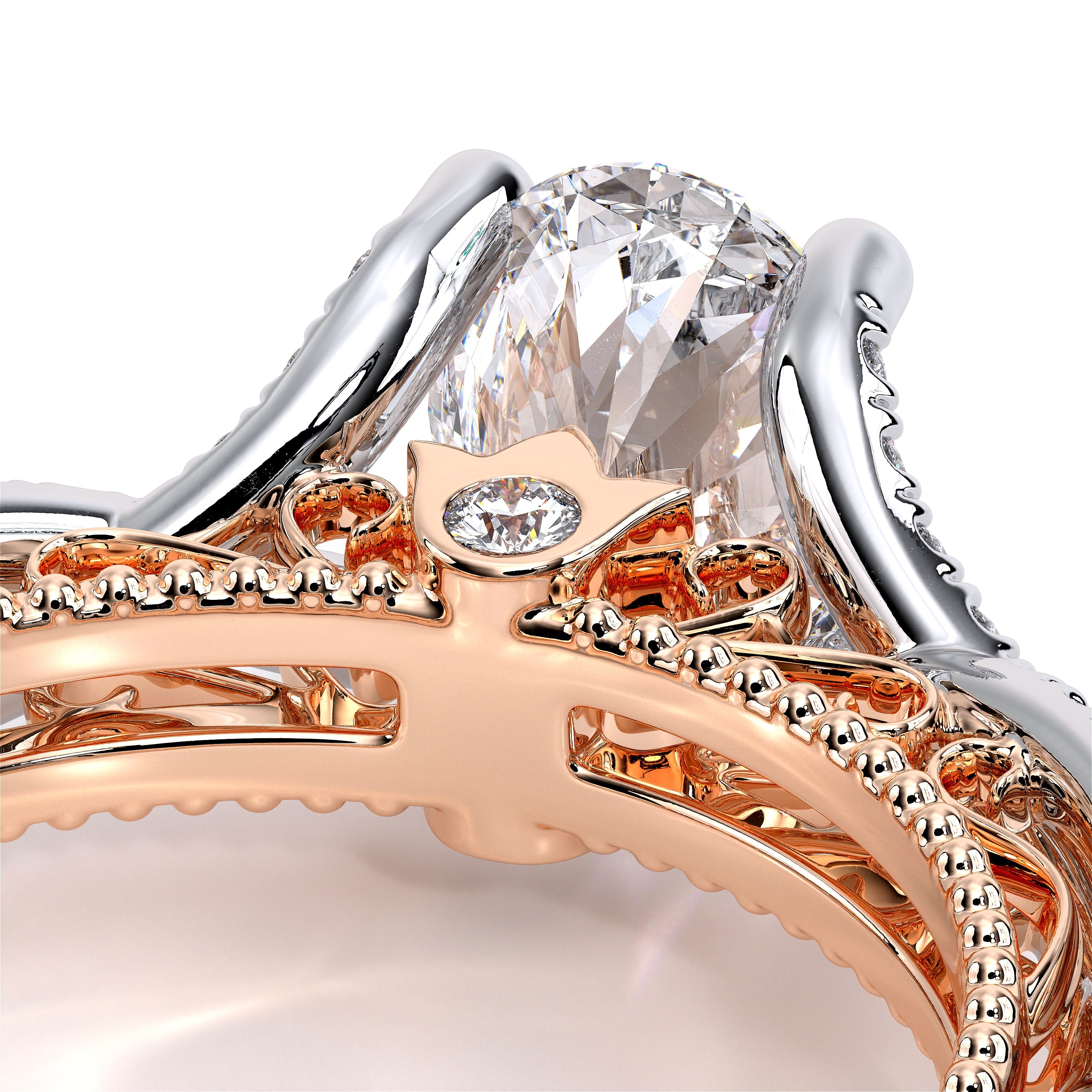 Oval Pavé 18k Rose and White Gold Engagement Ring - VEN-5003