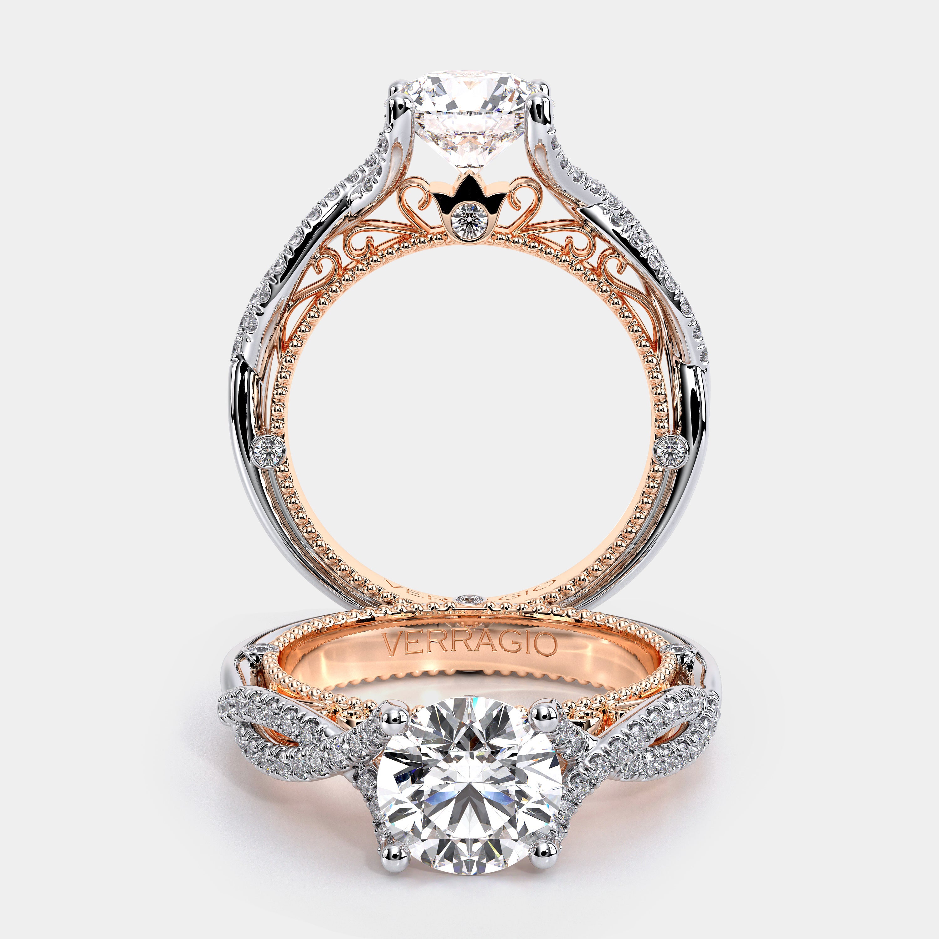 Round Pavé 14k Rose and White Gold Engagement Ring - VEN-5003