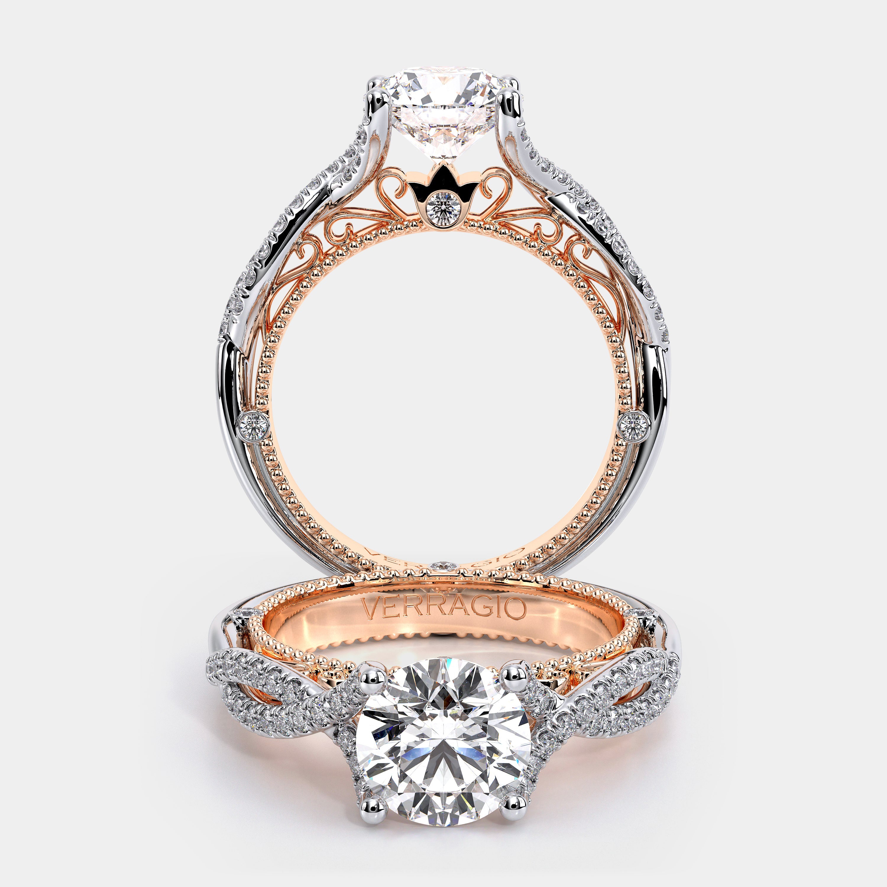 Round Pavé 18k Rose and White Gold Engagement Ring - VEN-5003