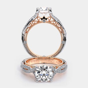 Round Pavé 18k Rose and White Gold Engagement Ring - VEN-5003
