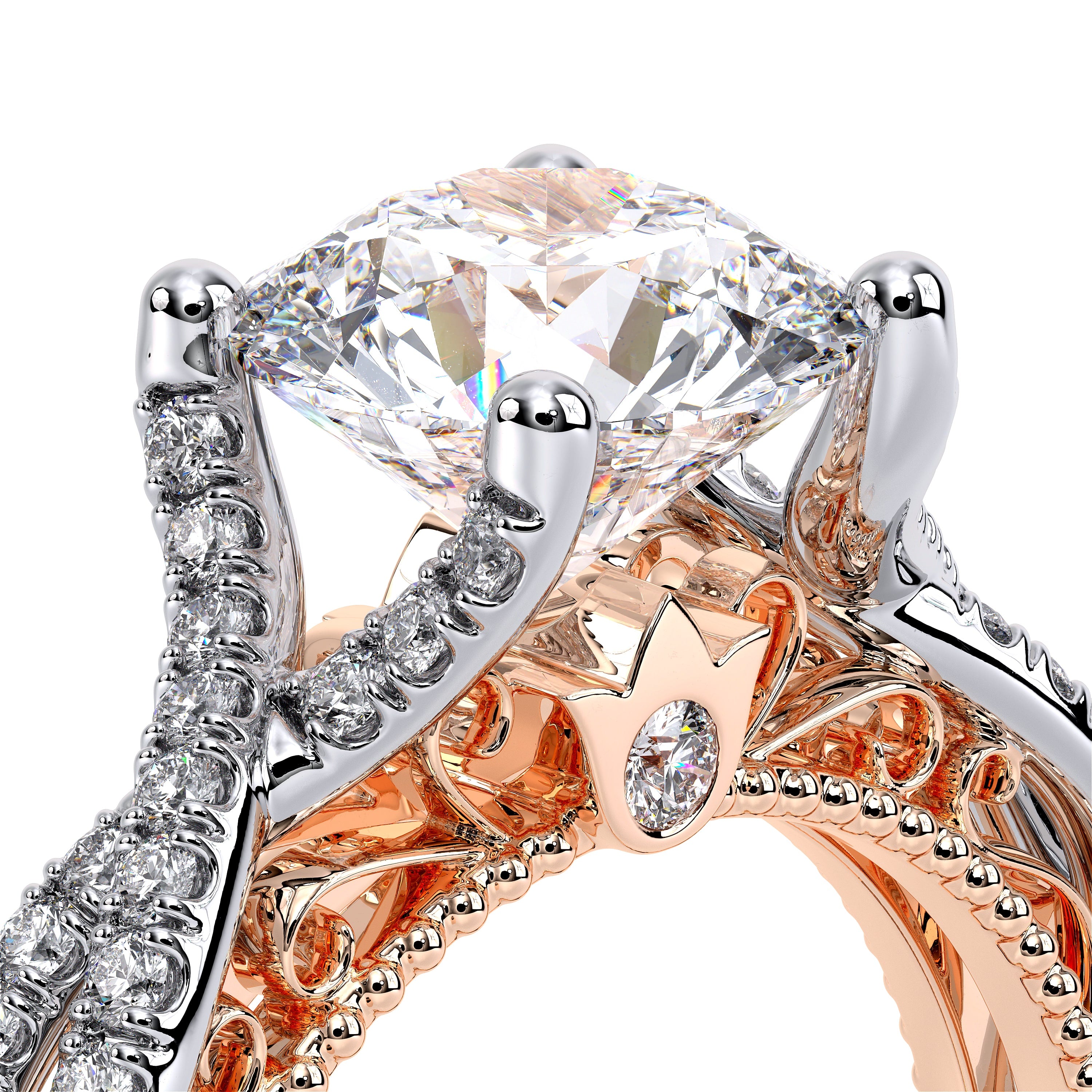 Round Pavé 18k Rose and White Gold Engagement Ring - VEN-5003