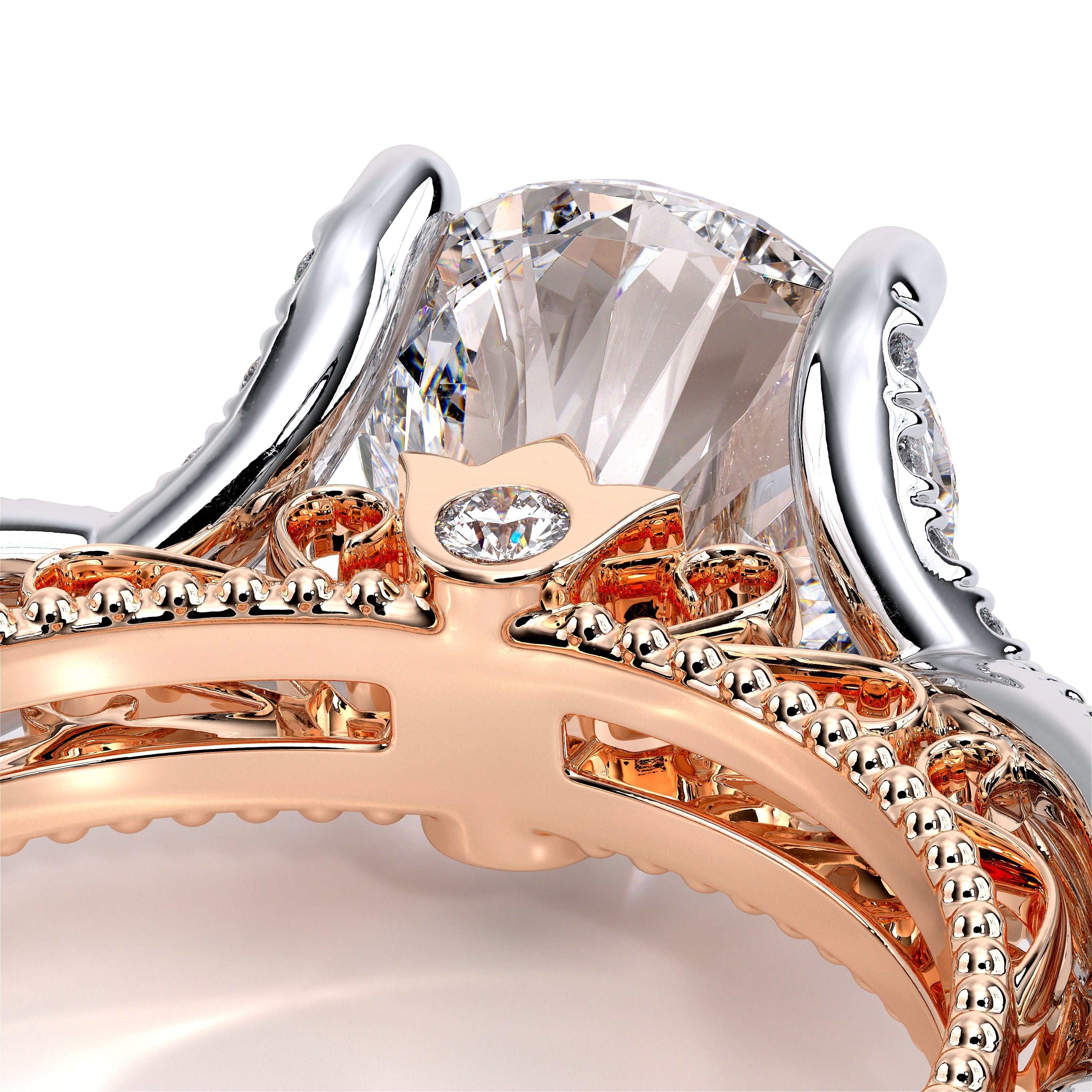 Round Pavé 18k Rose and White Gold Engagement Ring - VEN-5003