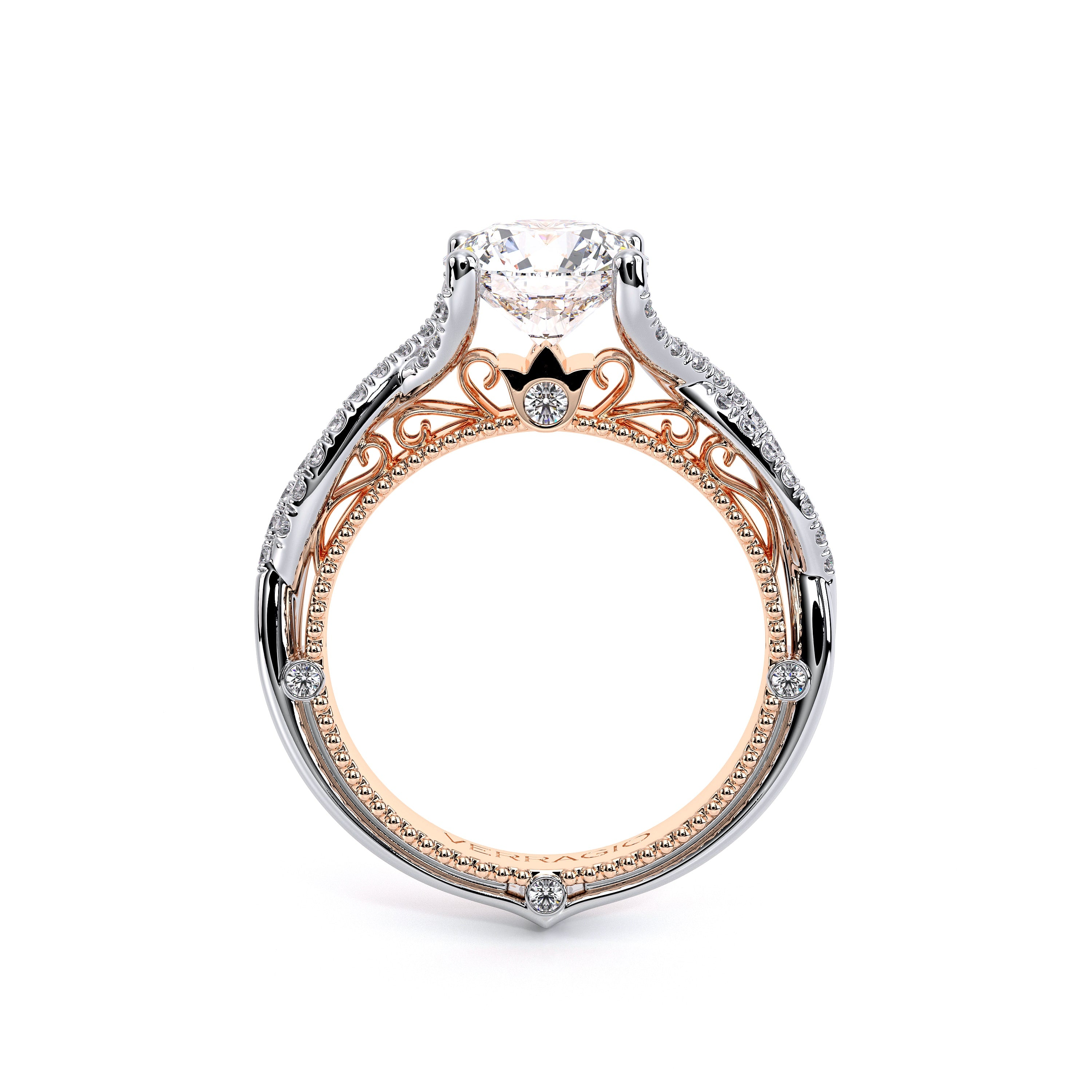 Round Pavé 18k Rose and White Gold Engagement Ring - VEN-5003