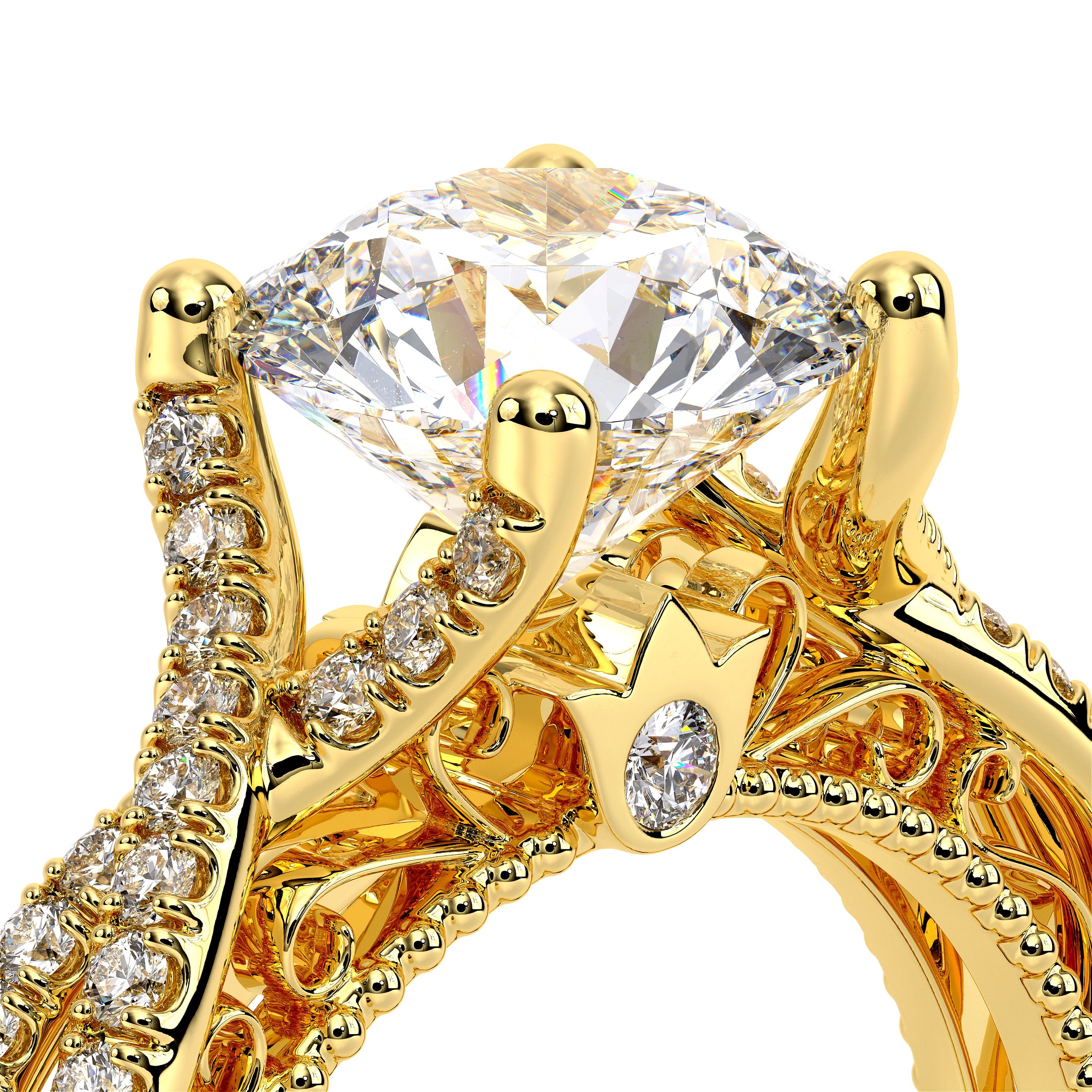 Round Pavé 18k Yellow Gold Engagement Ring - VEN-5003