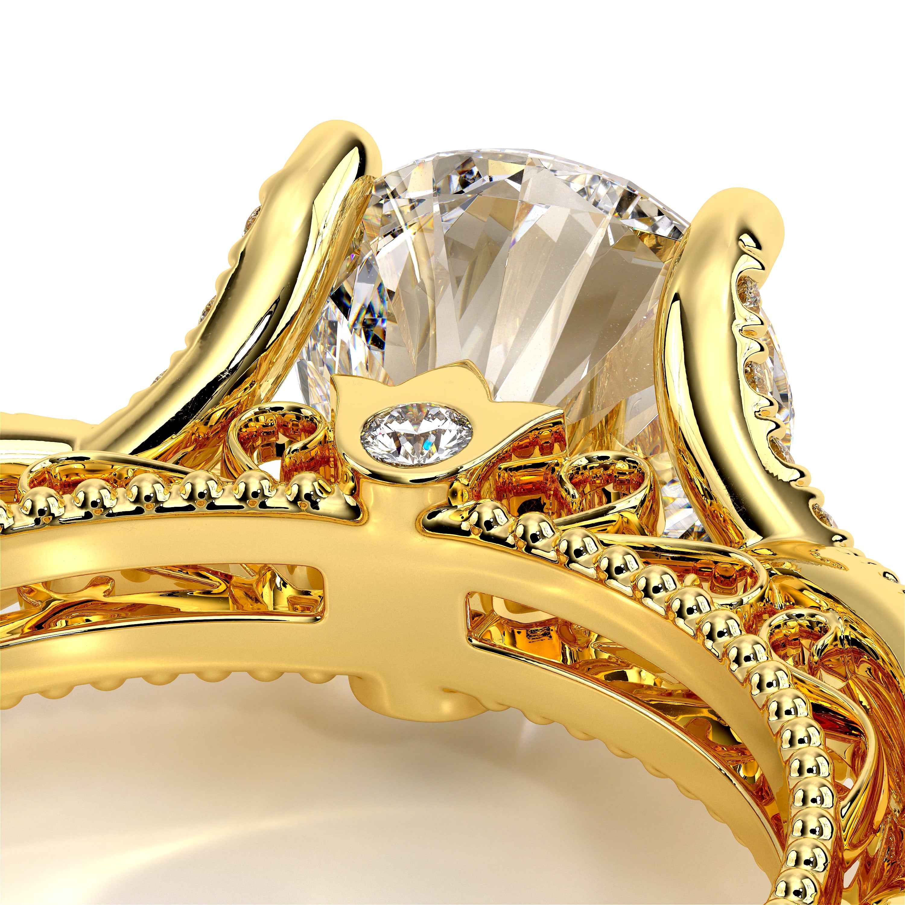 Round Pavé 18k Yellow Gold Engagement Ring - VEN-5003