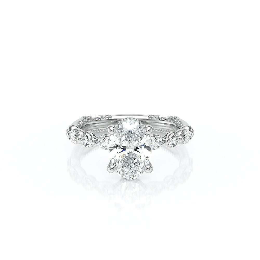 Oval Side Stone 18k White Gold Engagement Ring - VNG-2202