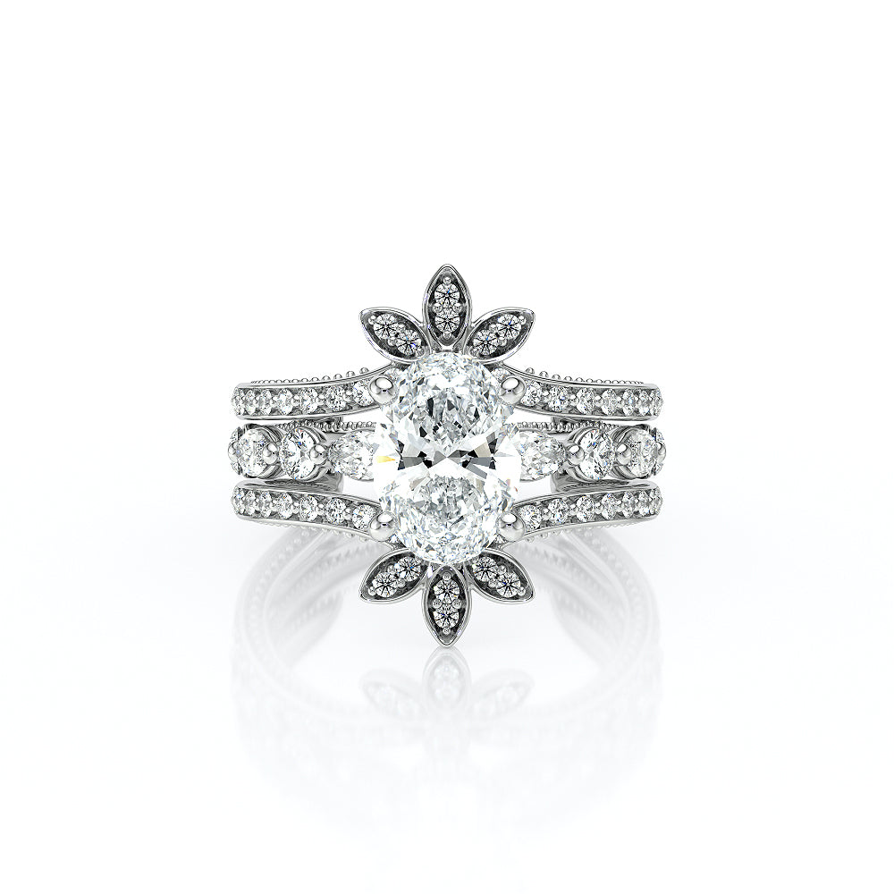 Oval Side Stone 18k White Gold Engagement Ring - VNG-2202