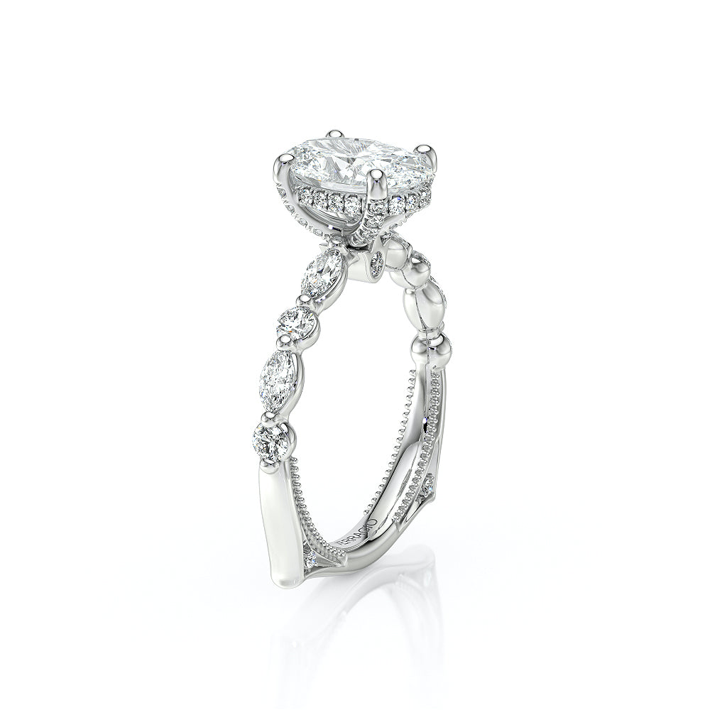 Oval Side Stone 18k White Gold Engagement Ring - VNG-2202